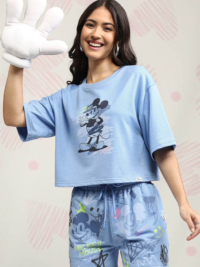 Disney By Tokyo Talkies Women Blue Mickey Mouse T-shirt With Short - Blue - Image 1