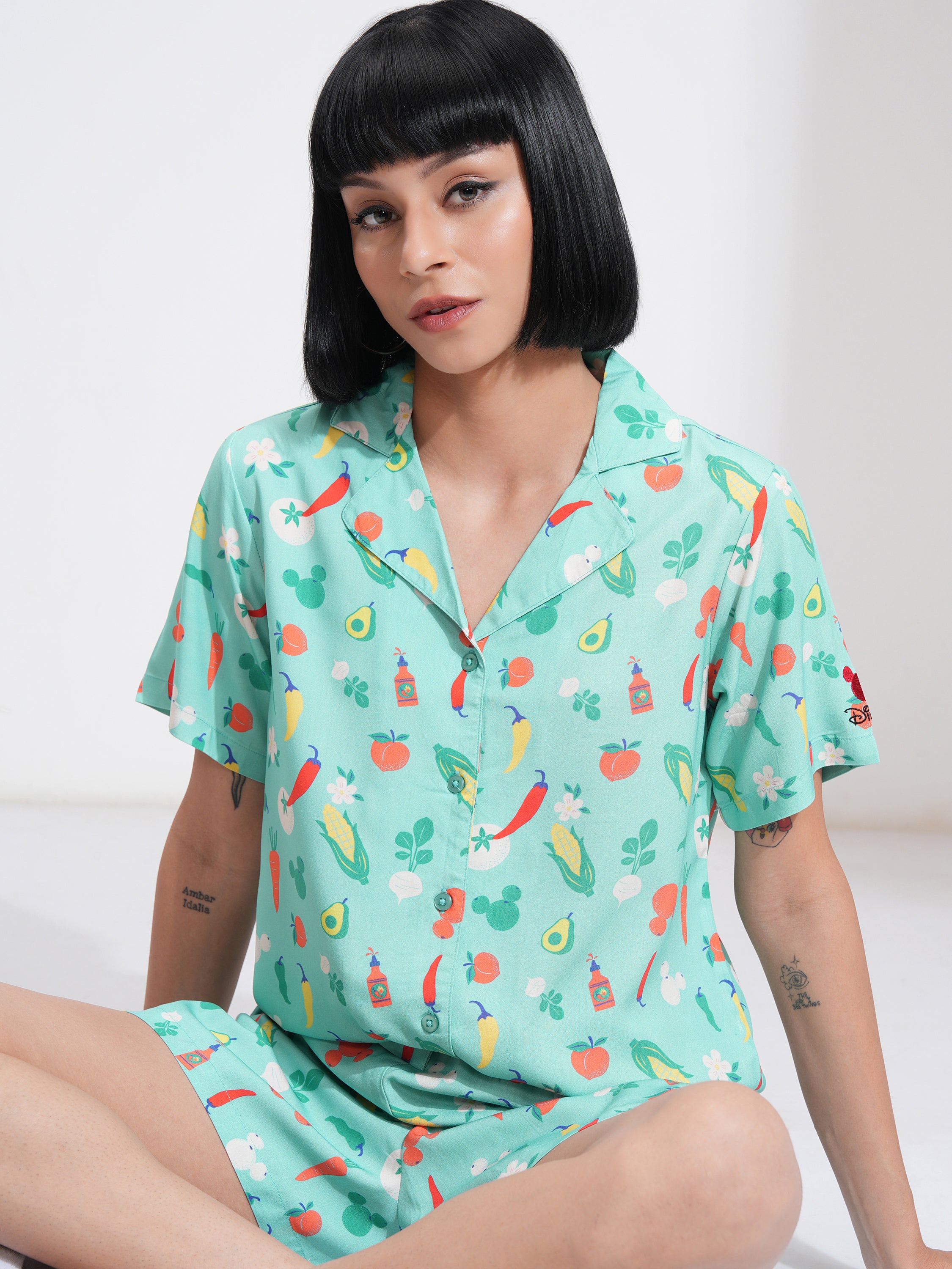 Disney By Tokyo Talkies Women Green Mickey Mouse Shirt With Short - Green - Image 1