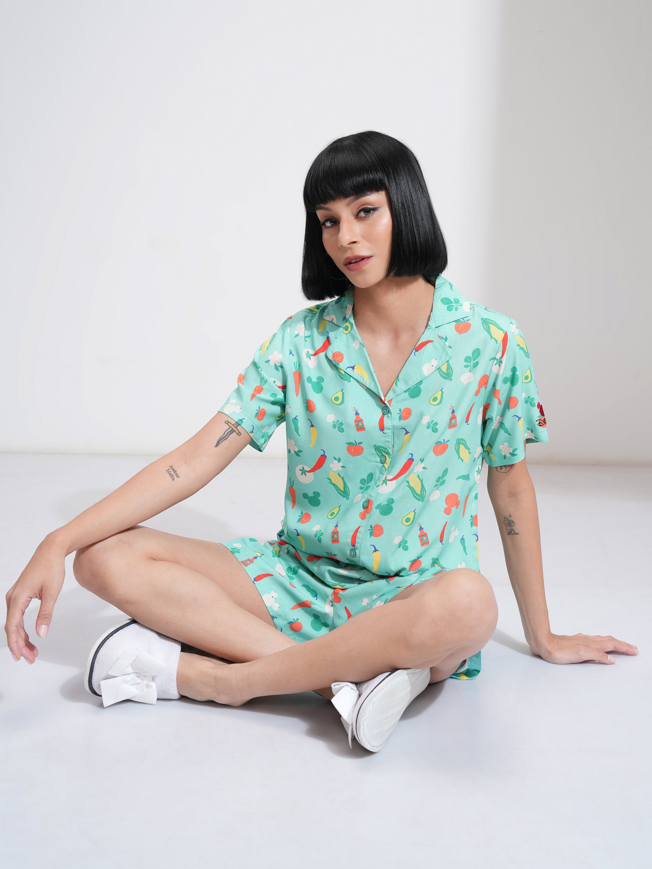 Disney By Tokyo Talkies Women Green Mickey Mouse Shirt With Short - Green - Image 2