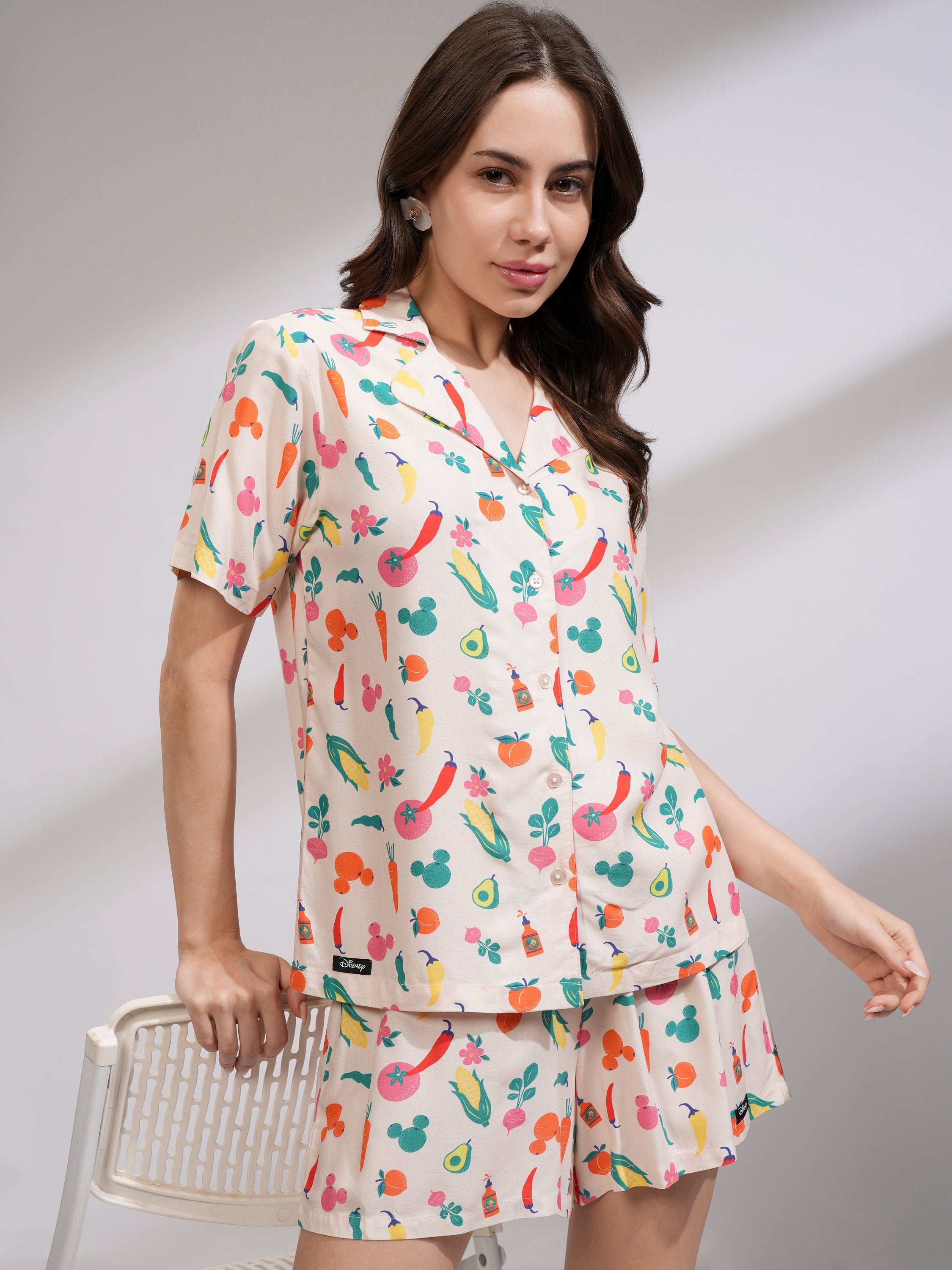 Disney By Tokyo Talkies Women Off White Mickey Mouse Shirt With Short - Off White - Image 1