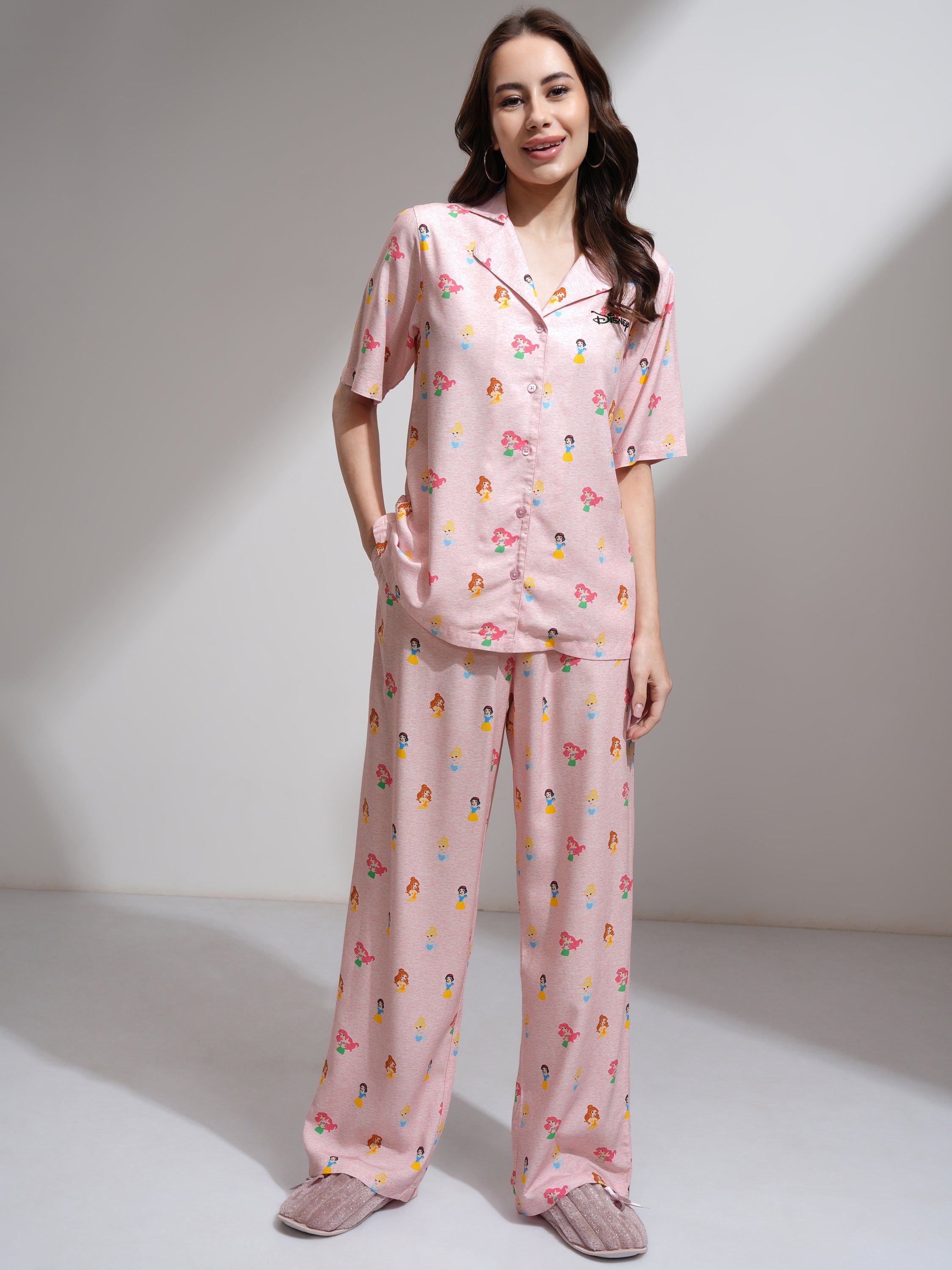 Disney By Tokyo Talkies Women Pink Disney Princess Shirt With Palazzos - Pink - Image 1