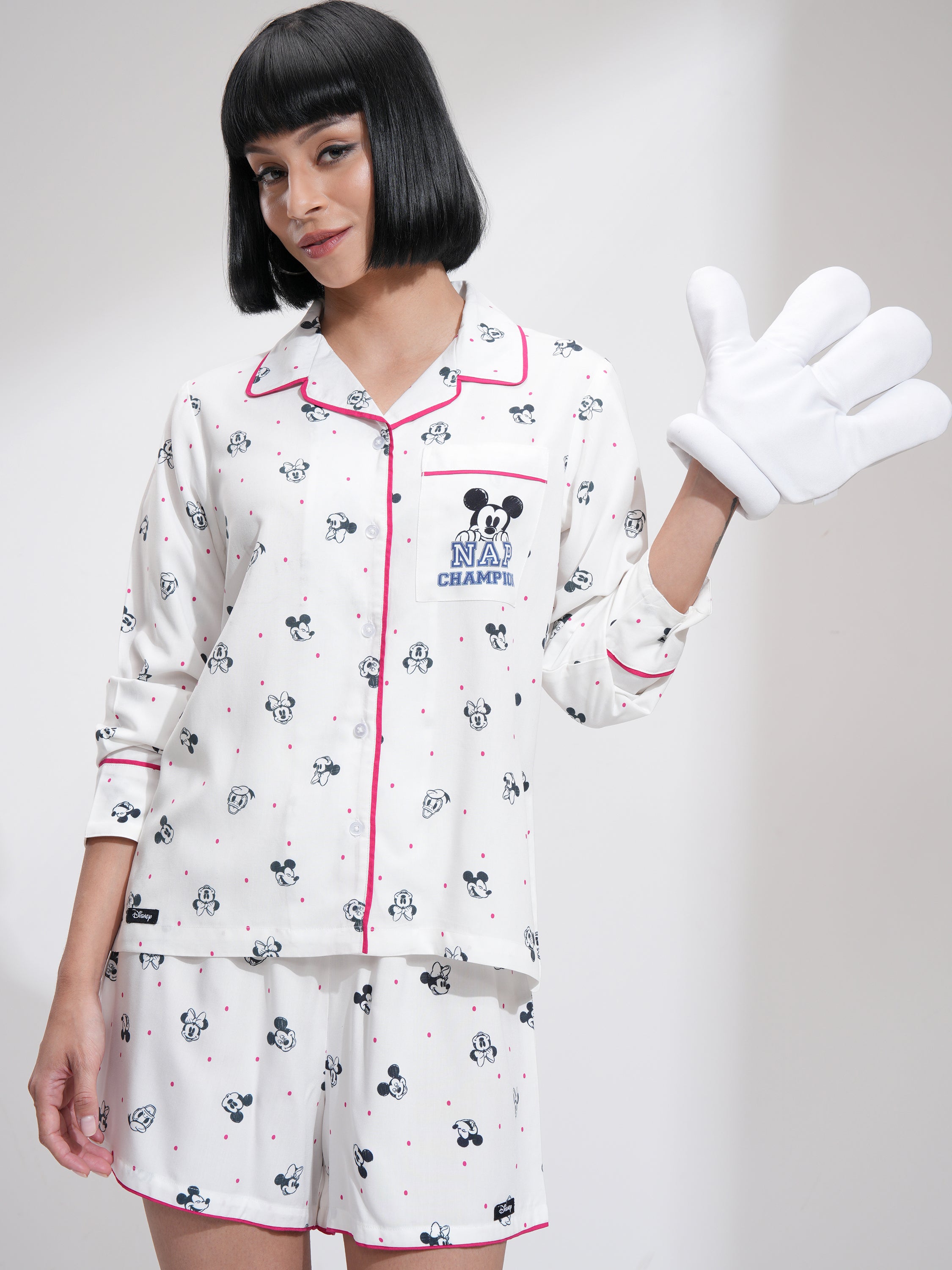 Disney By Tokyo Talkies Women White Mickey Mouse Shirt With Short - White - Image 1