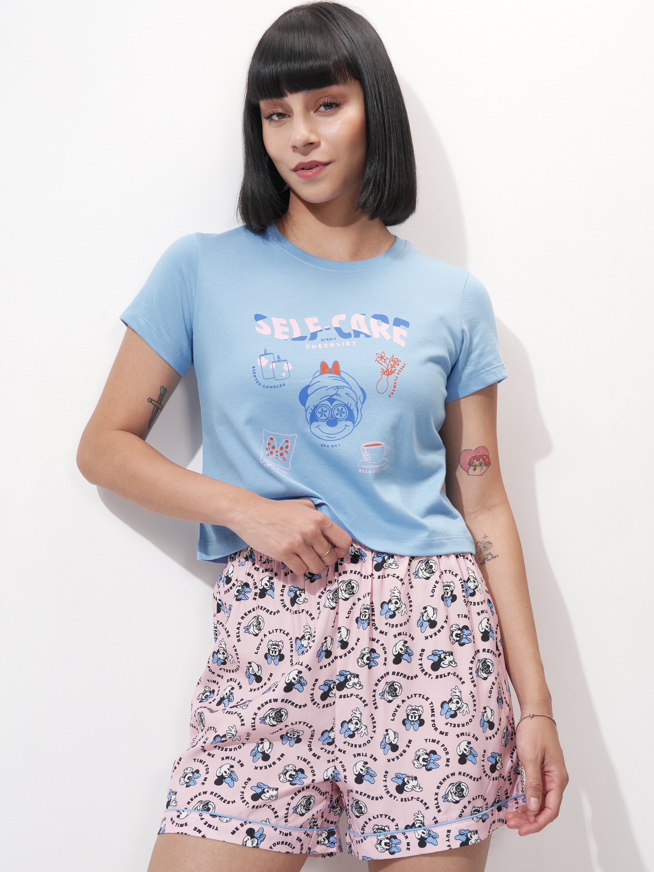 Disney By Tokyo Talkies Women Blue Minnie Mouse Top With Short - Blue - Image 1