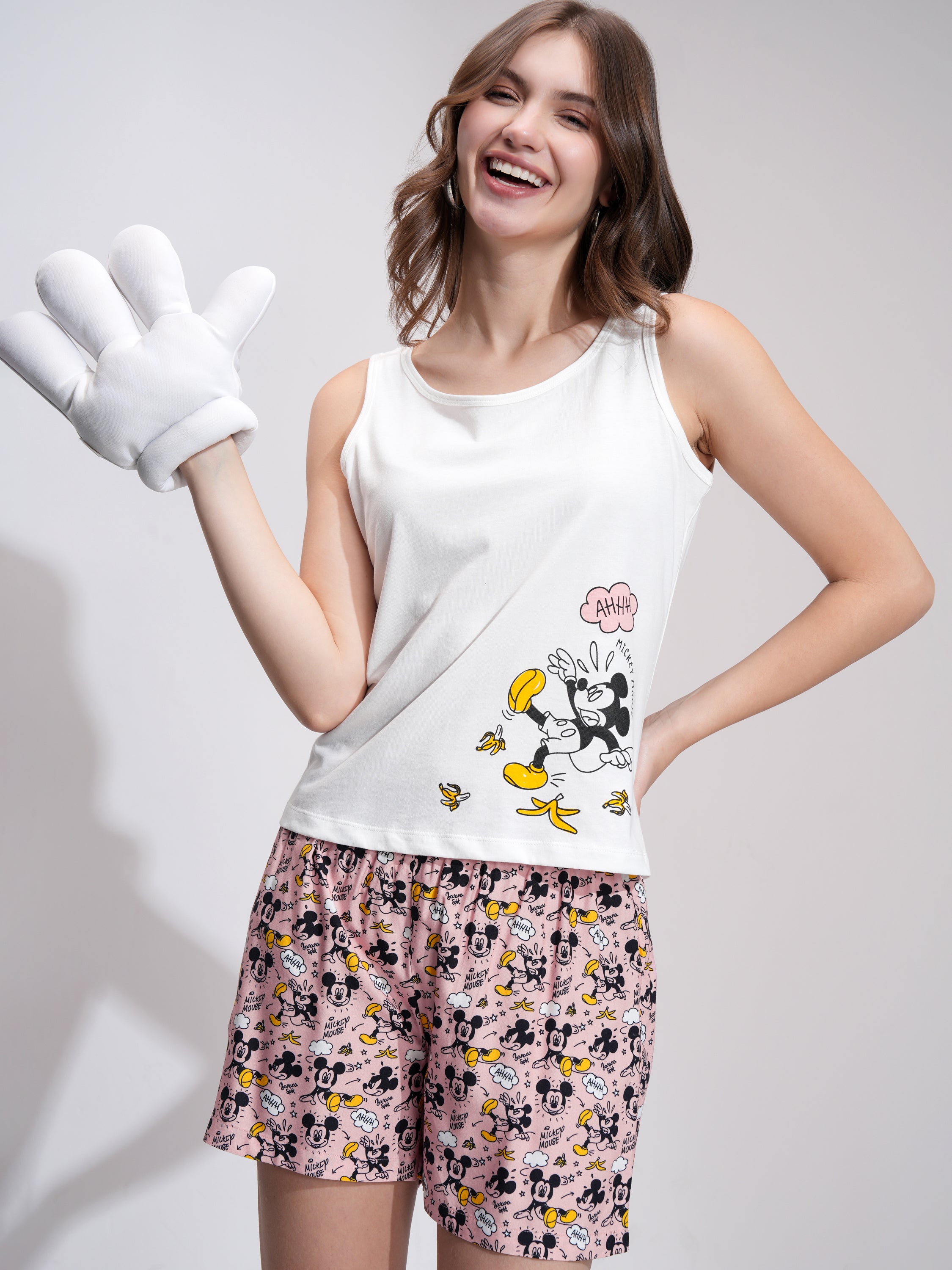 Disney By Tokyo Talkies Women White Mickey Mouse T-shirt With Short - White - Image 1