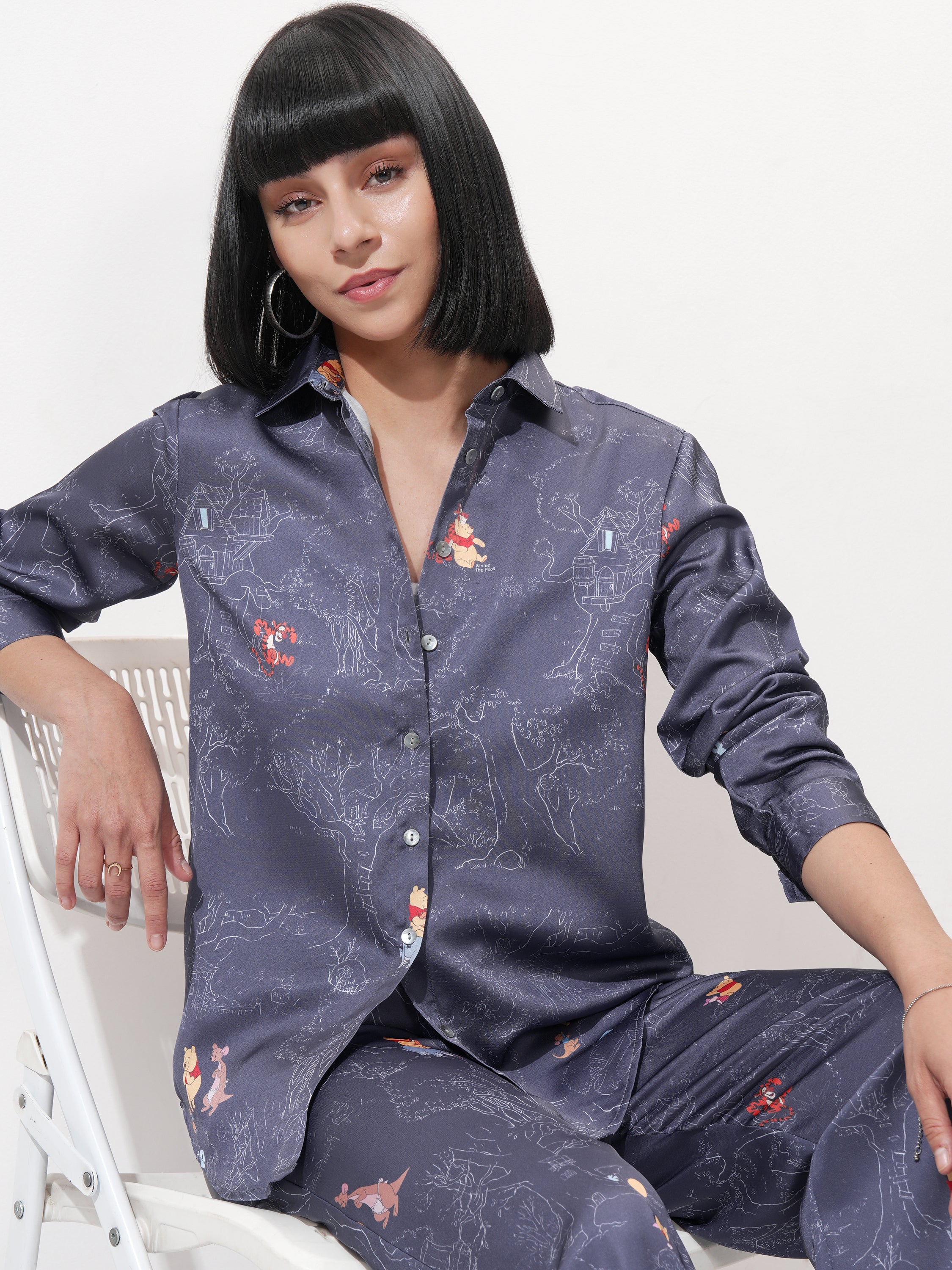 Disney By Tokyo Talkies Women Navy Blue Winnie The Pooh Shirt With Trouser - Navy Blue - Image 1