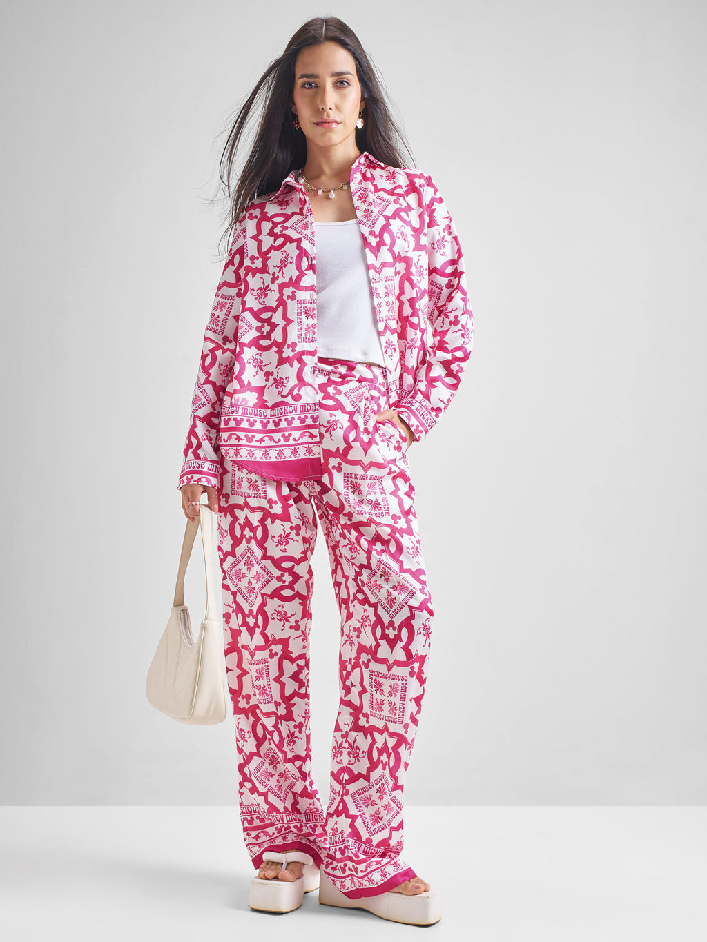 Disney By Tokyo Talkies Women Pink Mickey Mouse Shirt With Trouser Co-Ords - Pink - Image 1