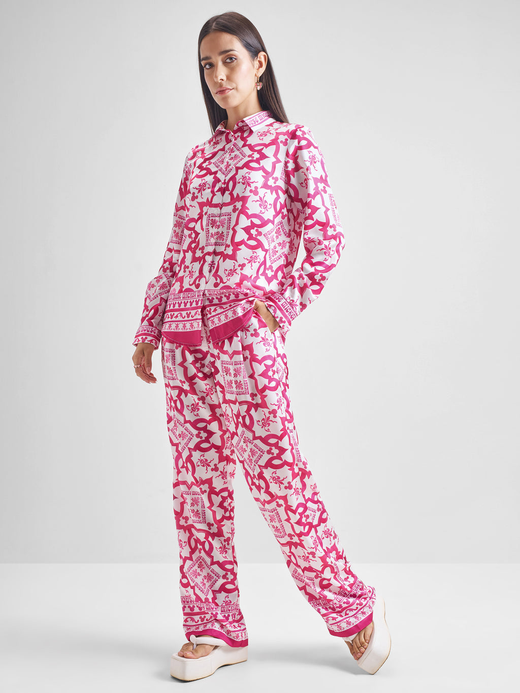Disney By Tokyo Talkies Women Pink Mickey Mouse Shirt With Trouser Co-Ords - Pink - Image 2