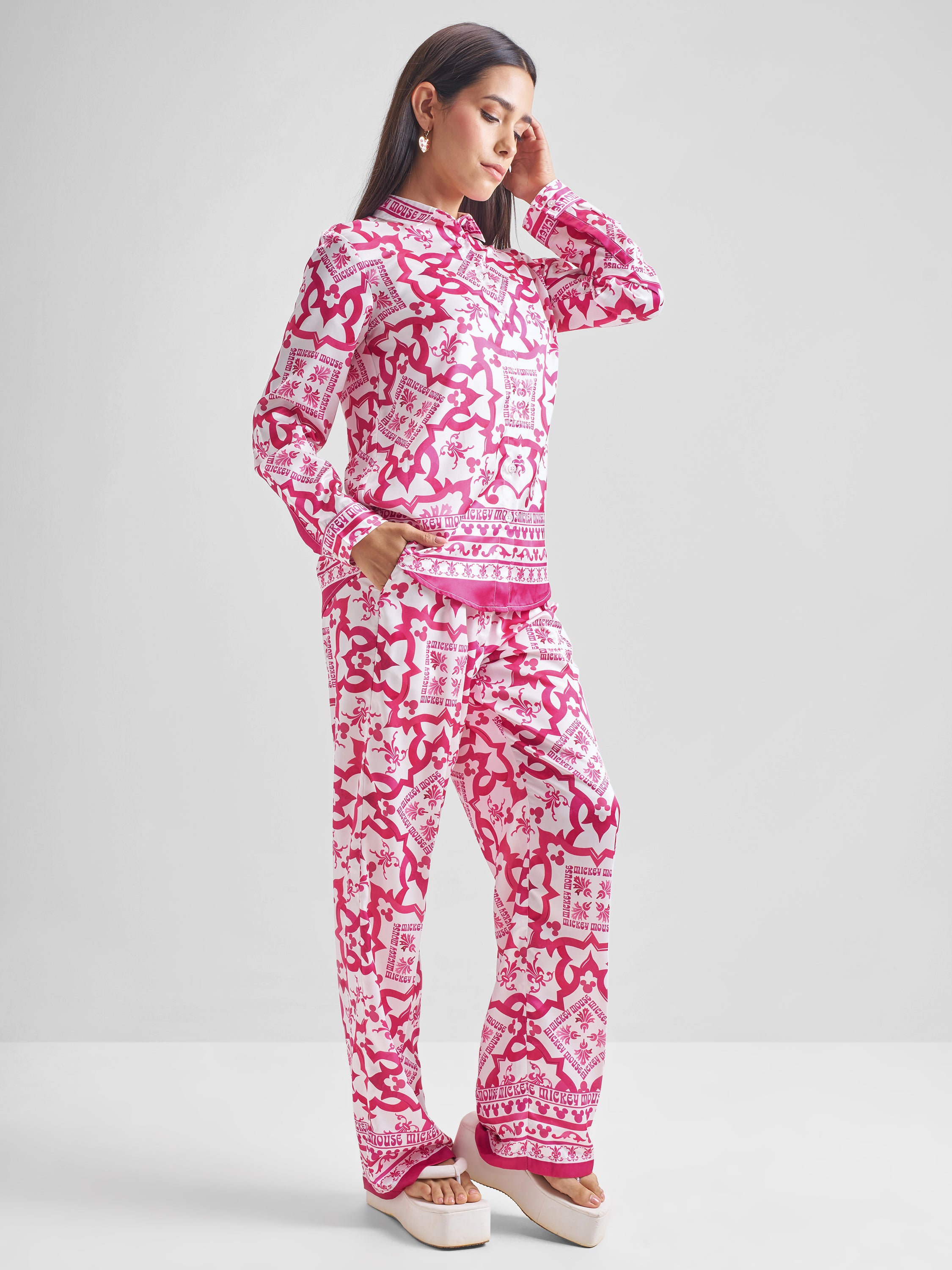 Disney By Tokyo Talkies Women Pink Mickey Mouse Shirt With Trouser Co-Ords - Pink - Image 4