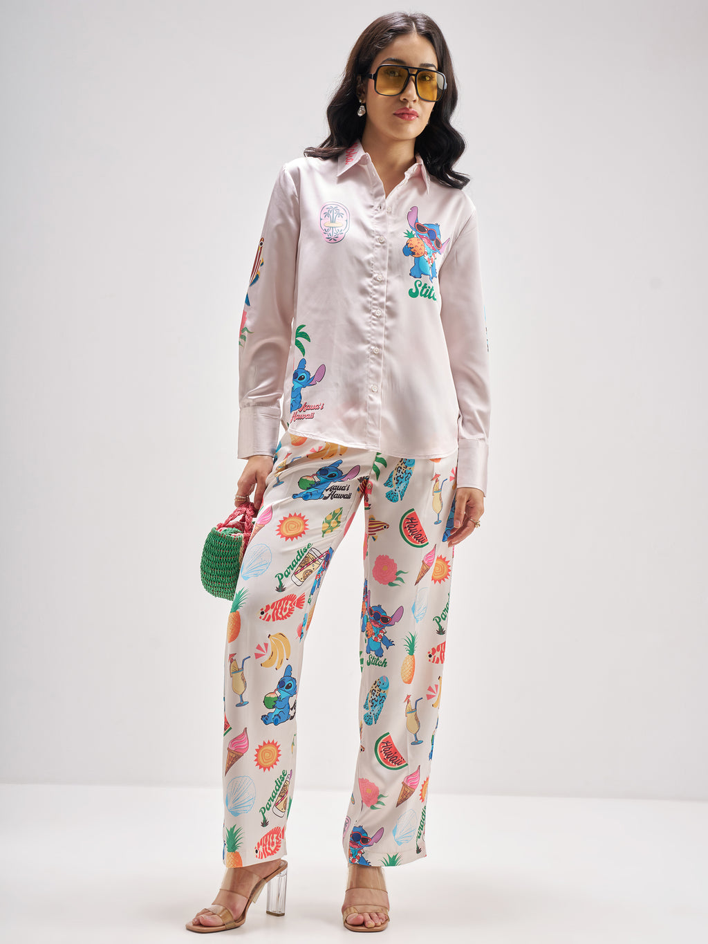 Disney By Tokyo Talkies Women Pink Stitch Shirt With Trouser Co-Ords - Pink - Image 1
