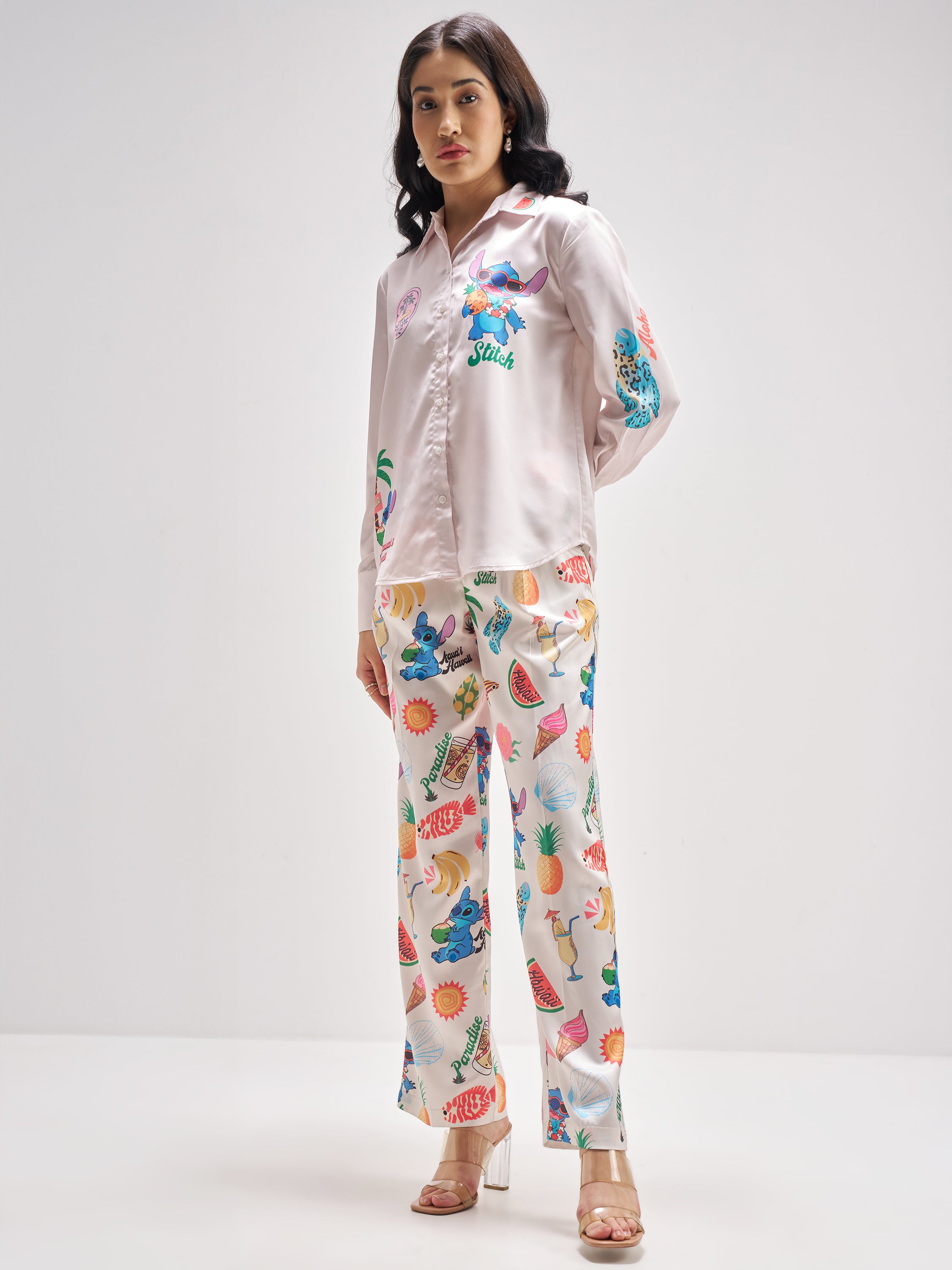 Disney By Tokyo Talkies Women Pink Stitch Shirt With Trouser Co-Ords - Pink - Image 2