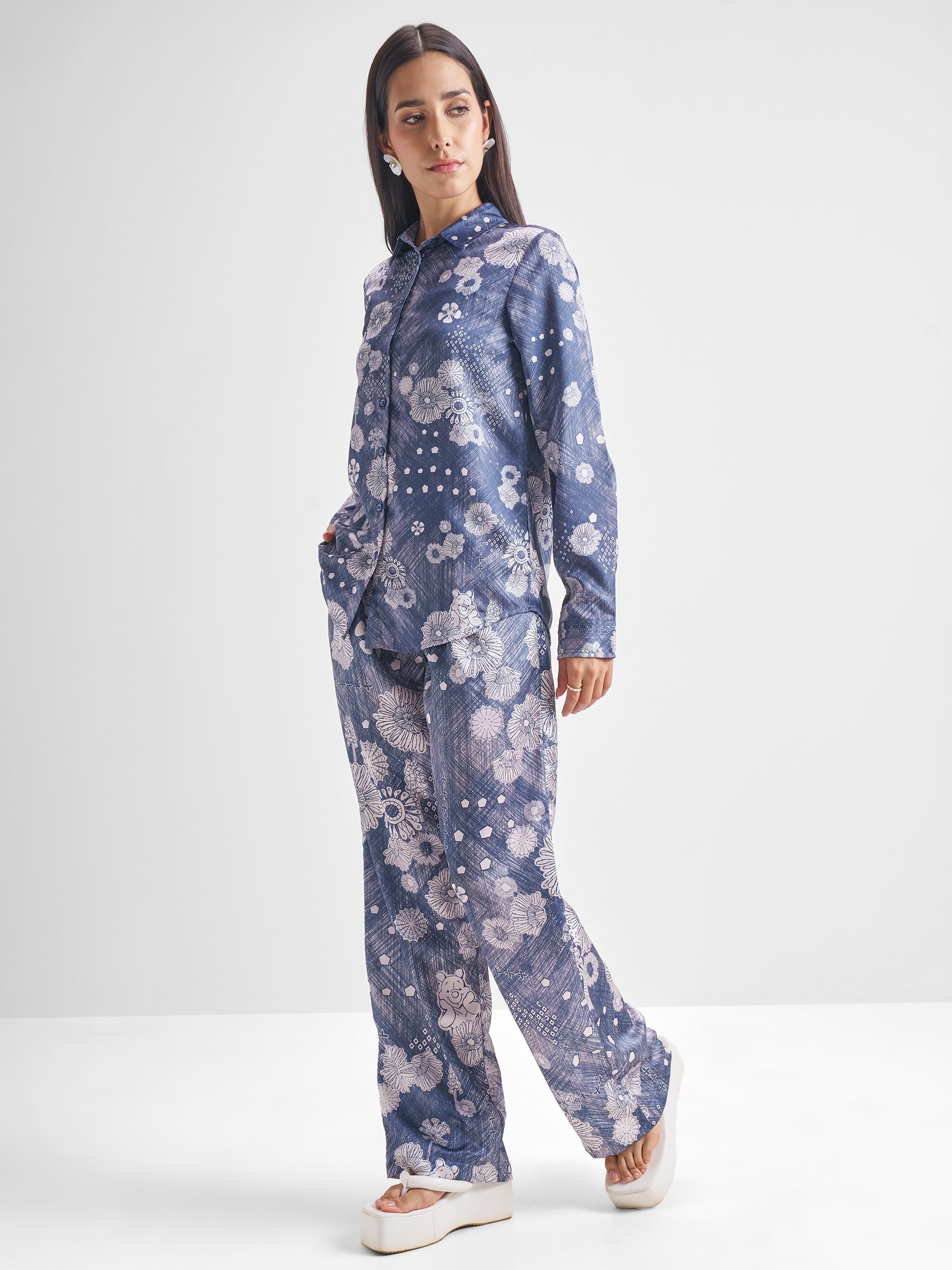 Disney By Tokyo Talkies Women Navy Blue Winnie The Pooh Shirt With Trouser Co-Ords - Navy Blue - Image 2