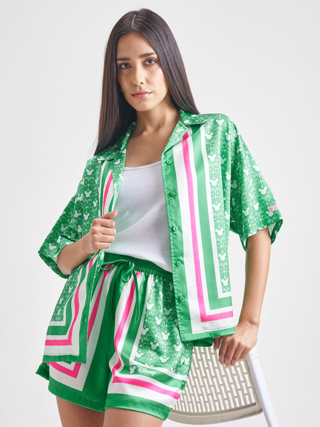Disney By Tokyo Talkies Women Green Mickey Mouse Shirt With Shorts Co-Ords - Green - Image 1
