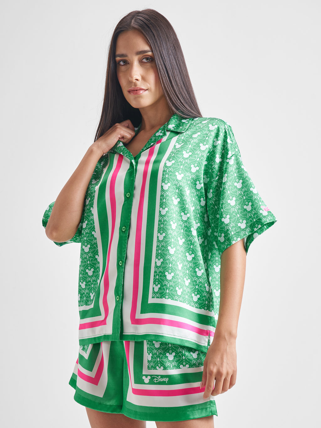 Disney By Tokyo Talkies Women Green Mickey Mouse Shirt With Shorts Co-Ords - Green - Image 4
