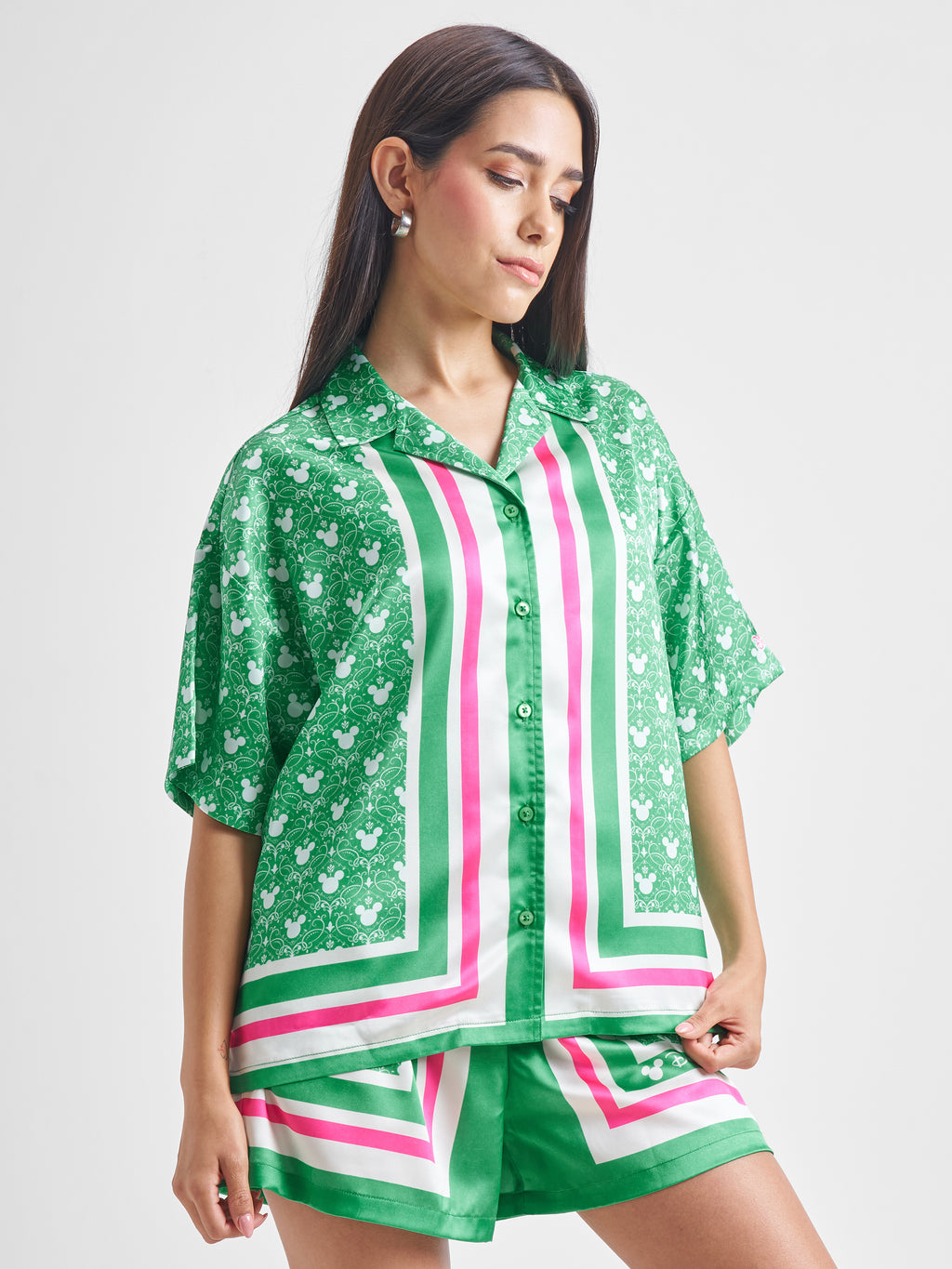 Disney By Tokyo Talkies Women Green Mickey Mouse Shirt With Shorts Co-Ords - Green - Image 6
