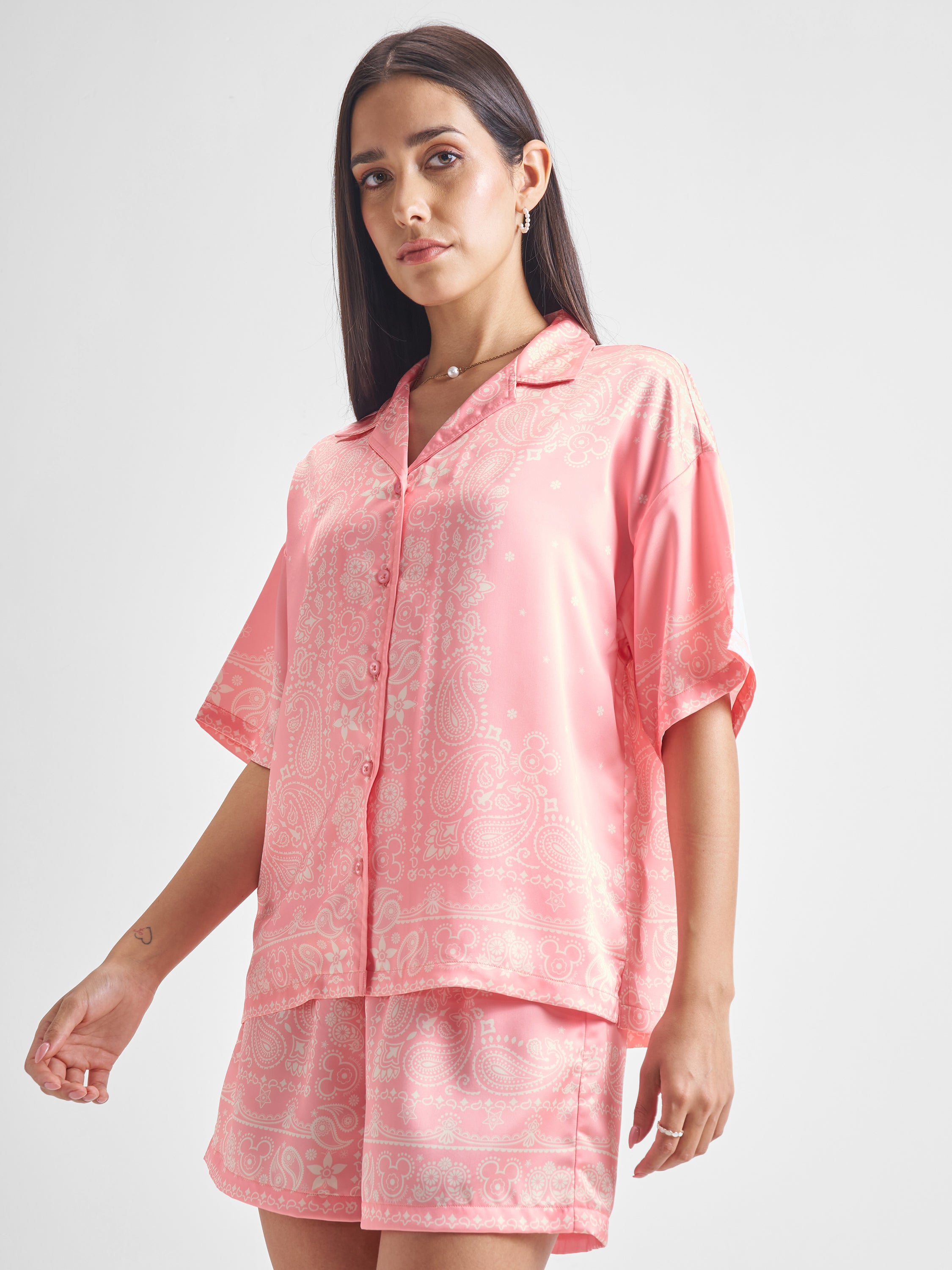 Disney By Tokyo Talkies Women Pink Mickey Mouse Shirt With Shorts Co-Ords - Pink - Image 4