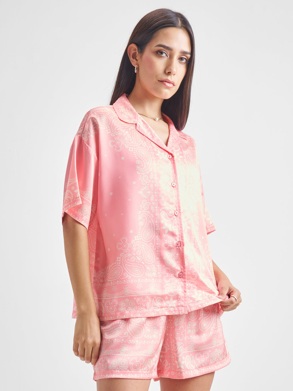 Disney By Tokyo Talkies Women Pink Mickey Mouse Shirt With Shorts Co-Ords - Pink - Image 6