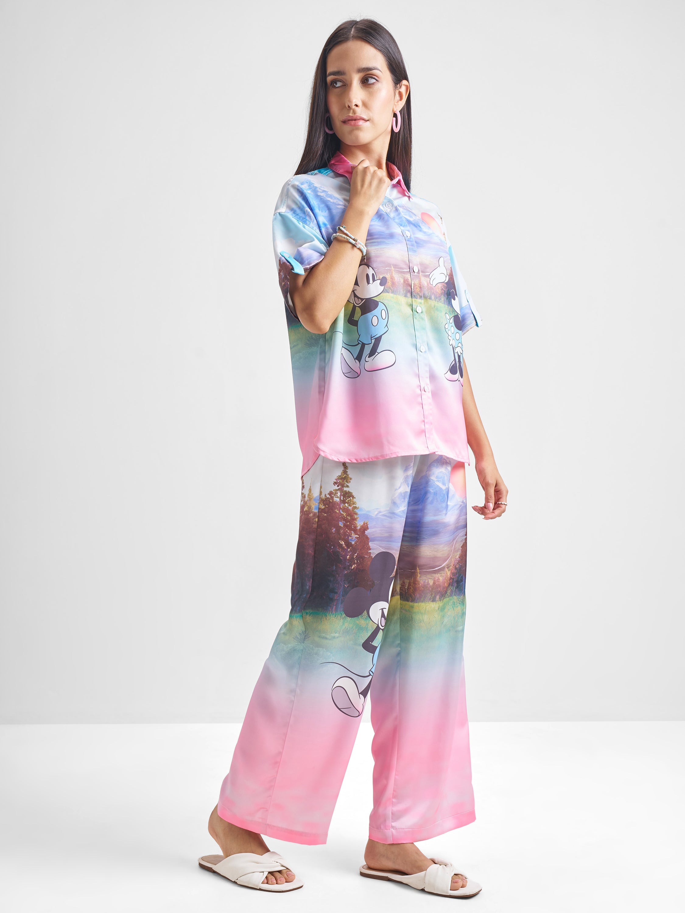 Disney By Tokyo Talkies Women Pink Mickey Mouse Shirt With Trouser - Pink - Image 4