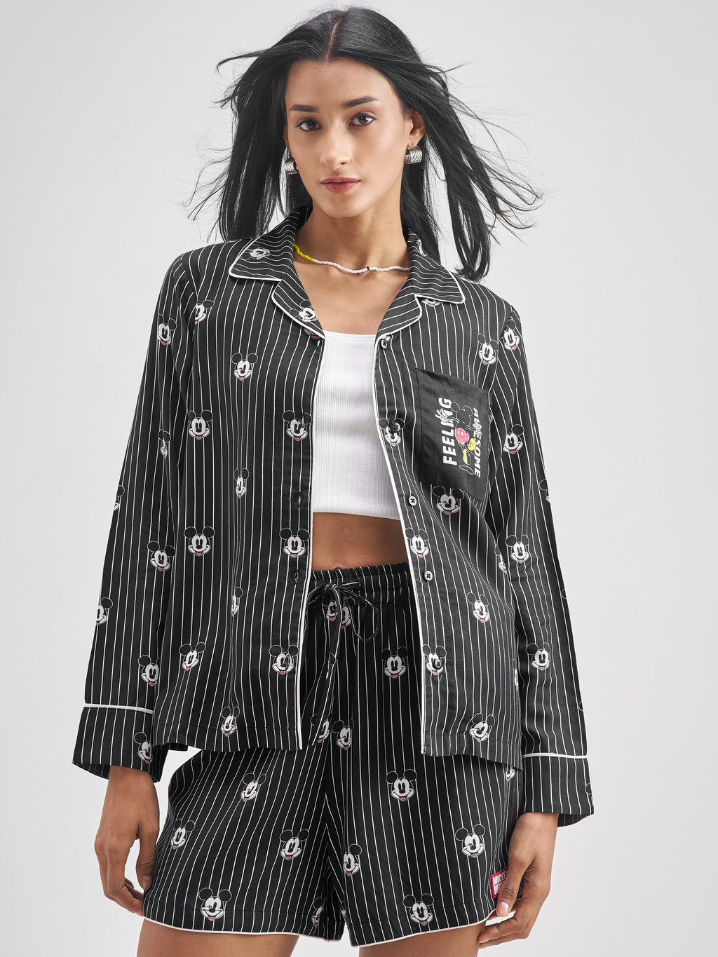 Disney By Tokyo Talkies Women Black Mickey Mouse Shirt With Shorts Co-Ords - Black - Image 1