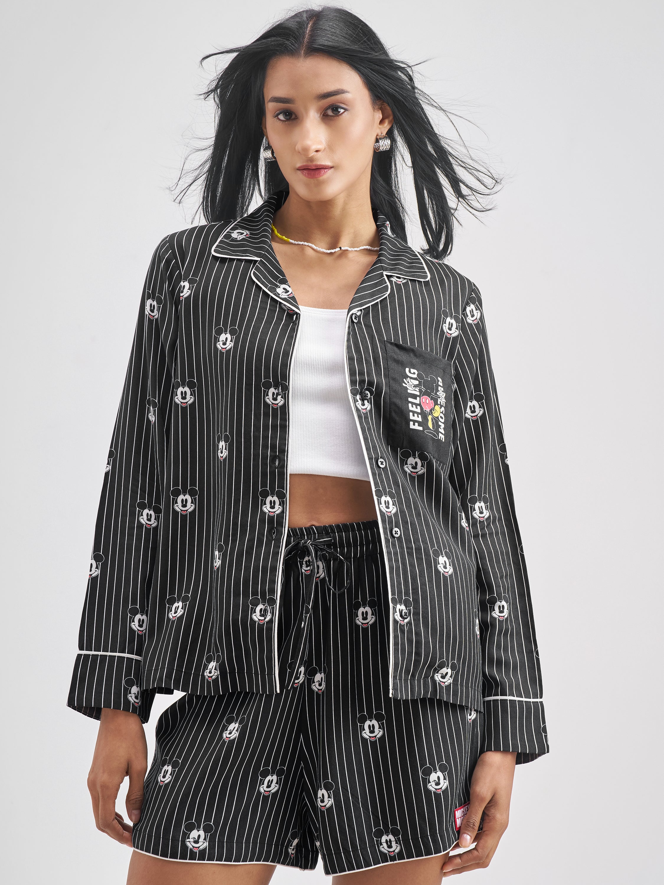 Disney By Tokyo Talkies Women Black Mickey Mouse Shirt With Shorts Co-Ords - Black - Image 1