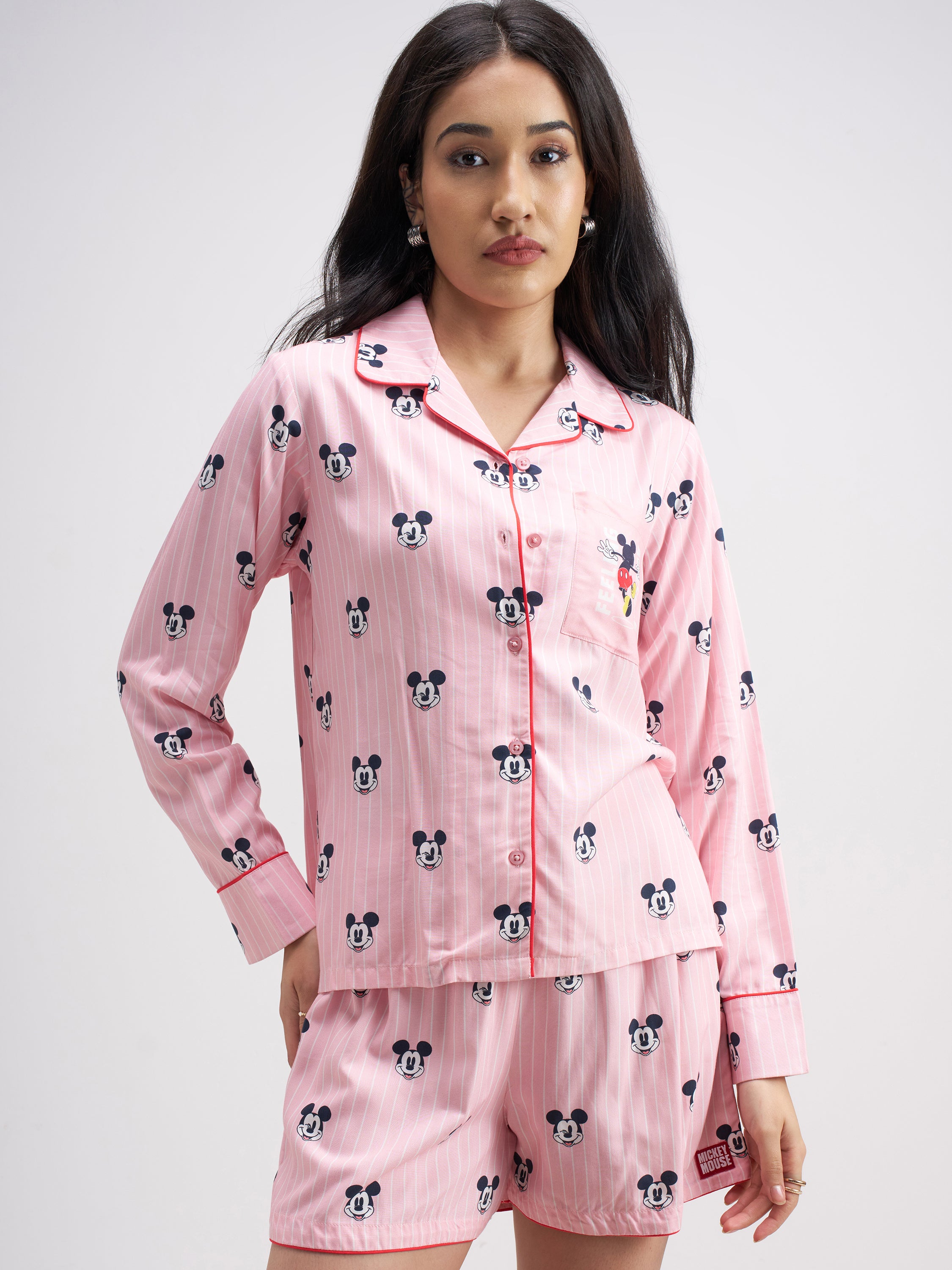 Disney By Tokyo Talkies Women Pink Mickey Mouse Top With Shorts Co-Ords - Pink - Image 1