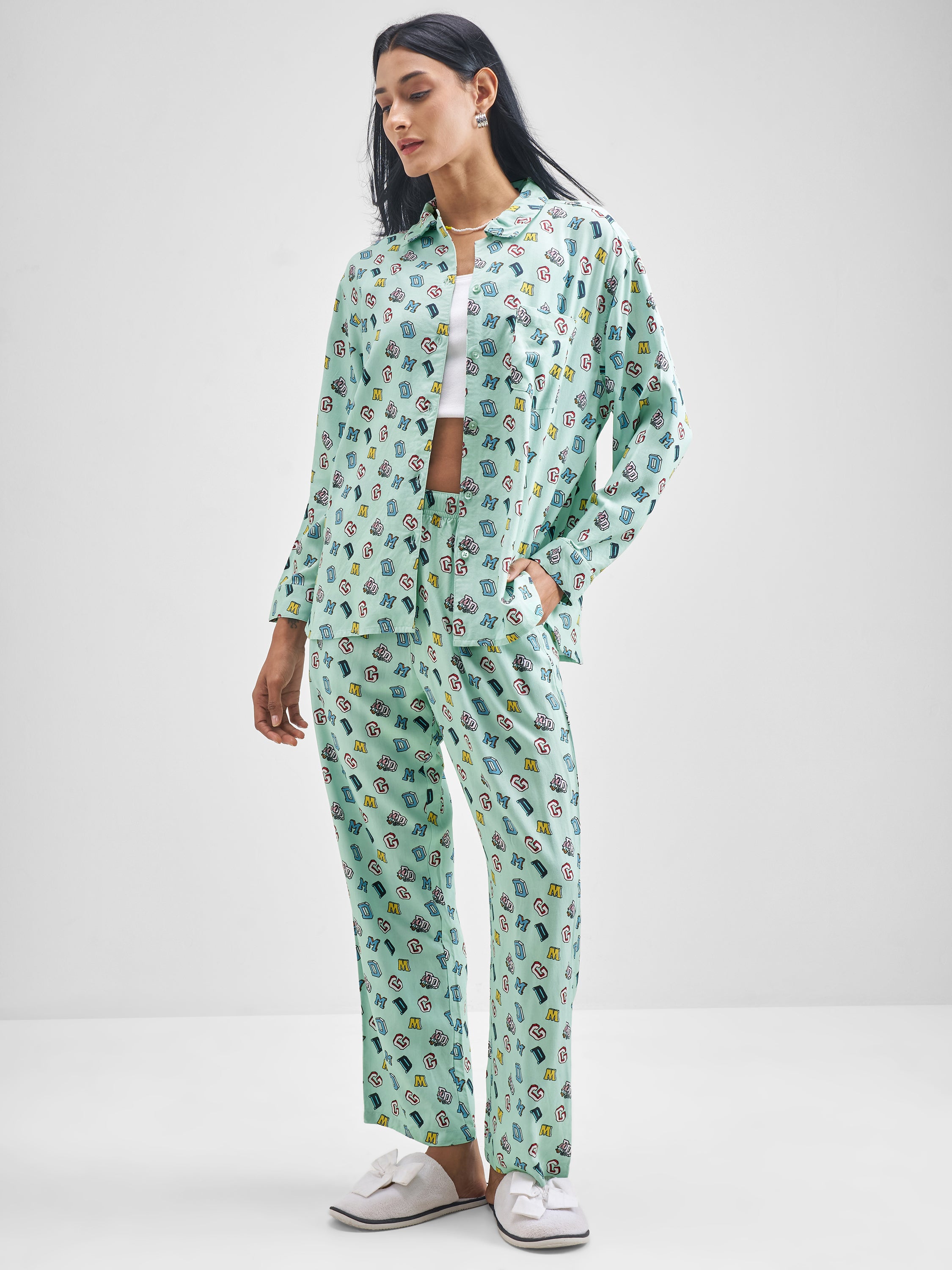 Disney By Tokyo Talkies Women Green Donald Duck Shirt With Trouser Co-Ords - Green - Image 1