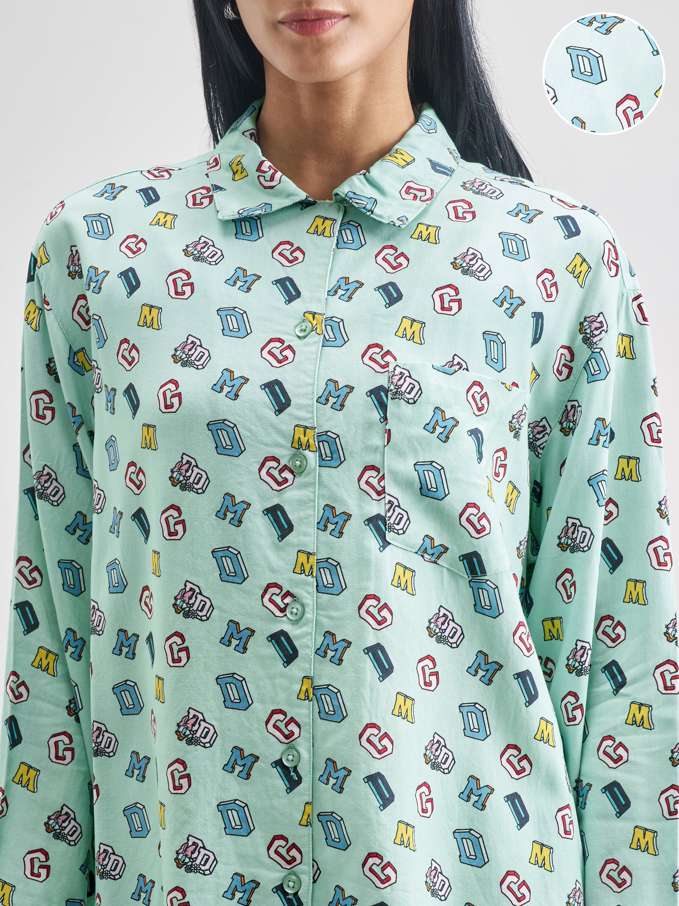 Disney By Tokyo Talkies Women Green Donald Duck Shirt With Trouser Co-Ords - Green - Image 5