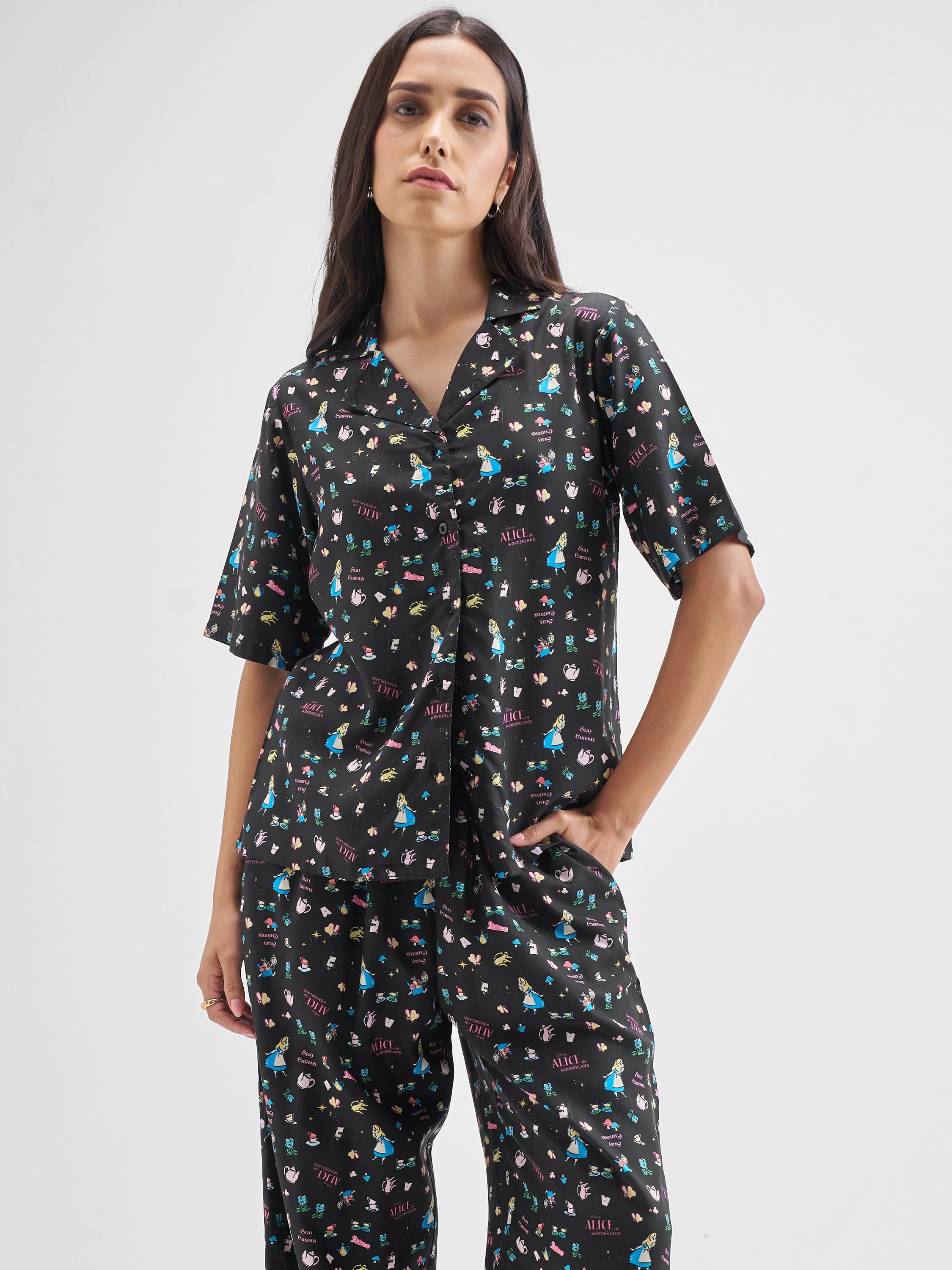 Disney By Tokyo Talkies Women Black Alice Shirt With Trouser Co-Ords - Black - Image 1