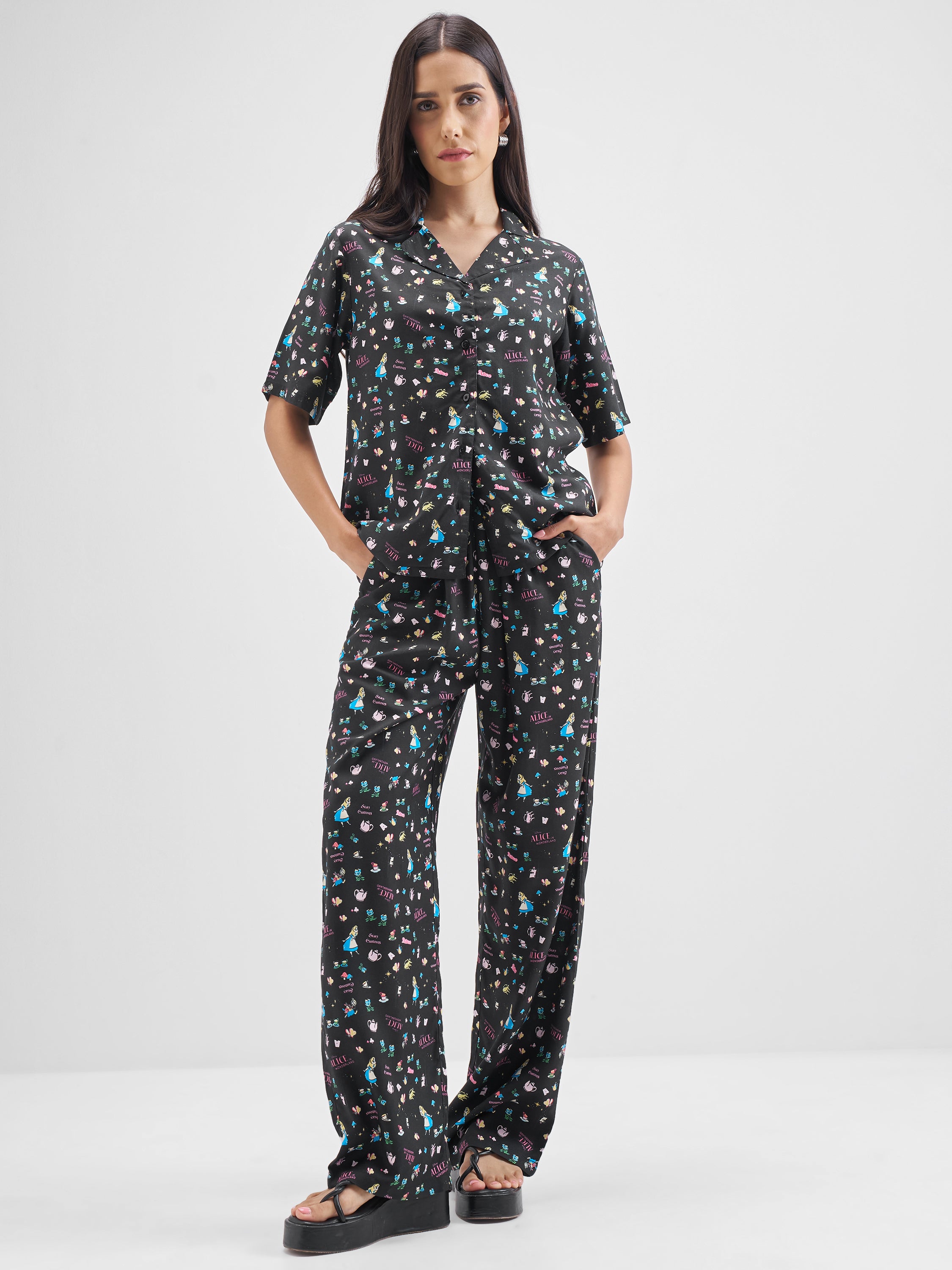 Disney By Tokyo Talkies Women Black Alice Shirt With Trouser Co-Ords - Black - Image 2
