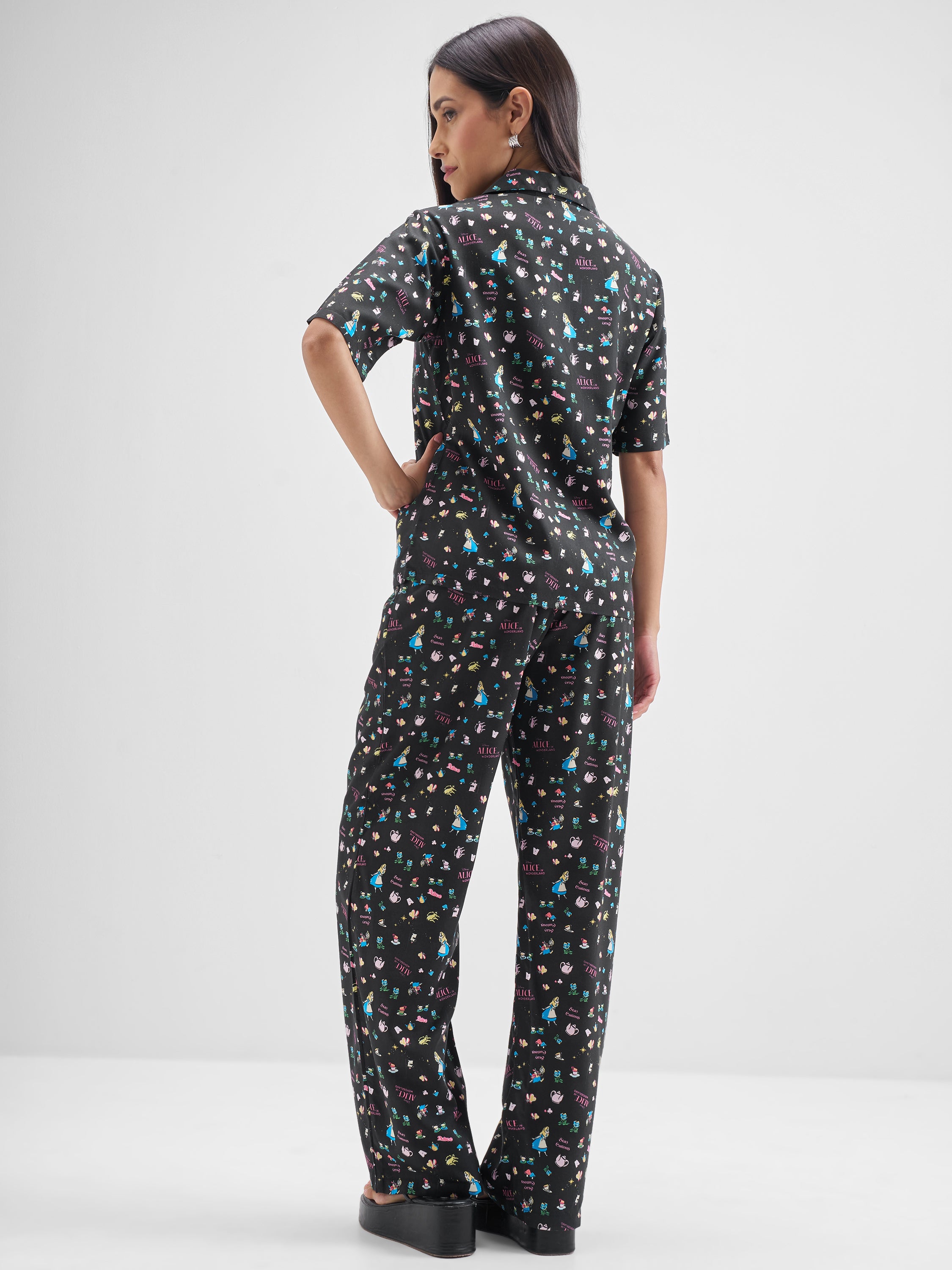 Disney By Tokyo Talkies Women Black Alice Shirt With Trouser Co-Ords - Black - Image 3