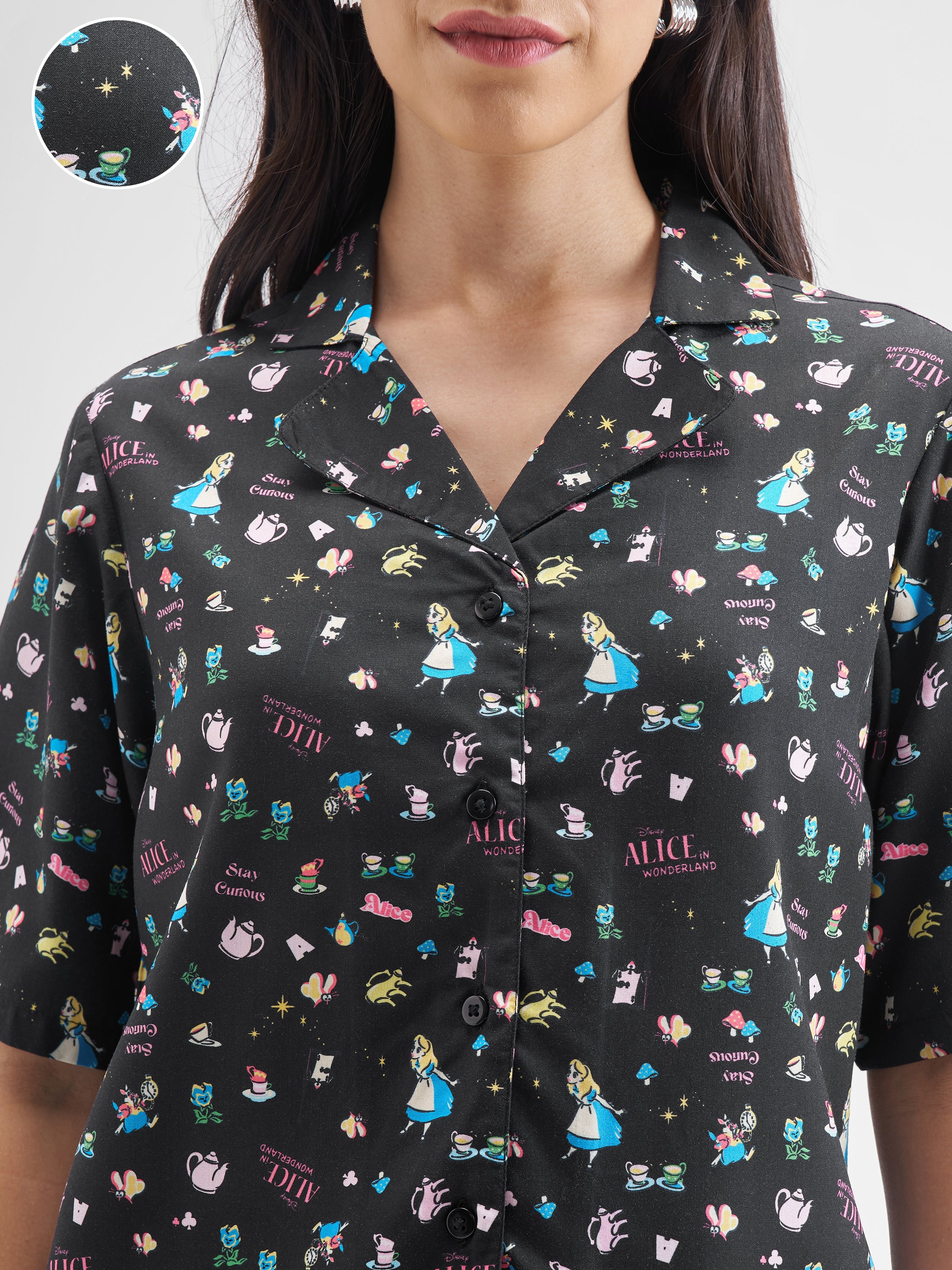 Disney By Tokyo Talkies Women Black Alice Shirt With Trouser Co-Ords - Black - Image 5