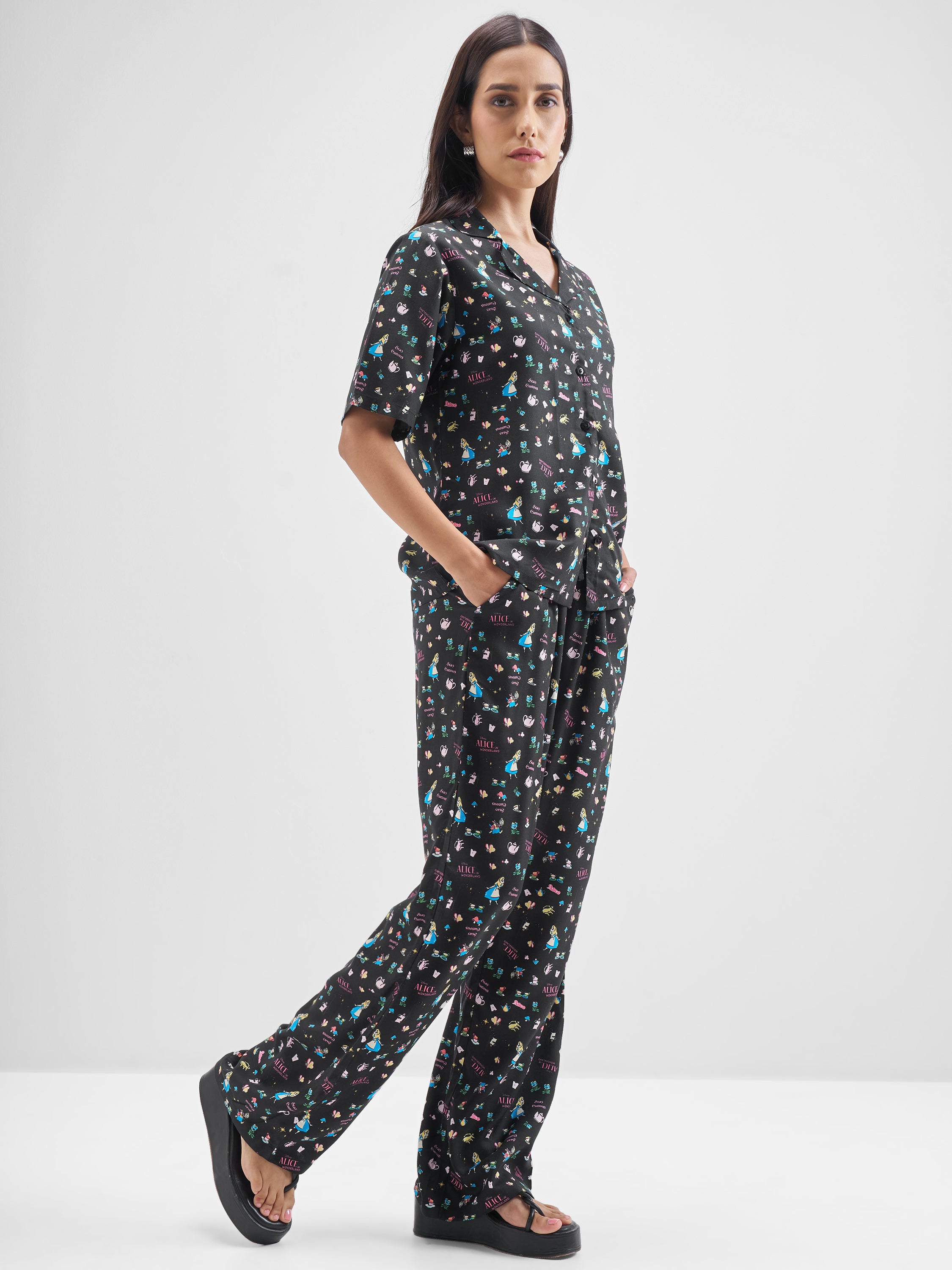 Disney By Tokyo Talkies Women Black Alice Shirt With Trouser Co-Ords - Black - Image 6