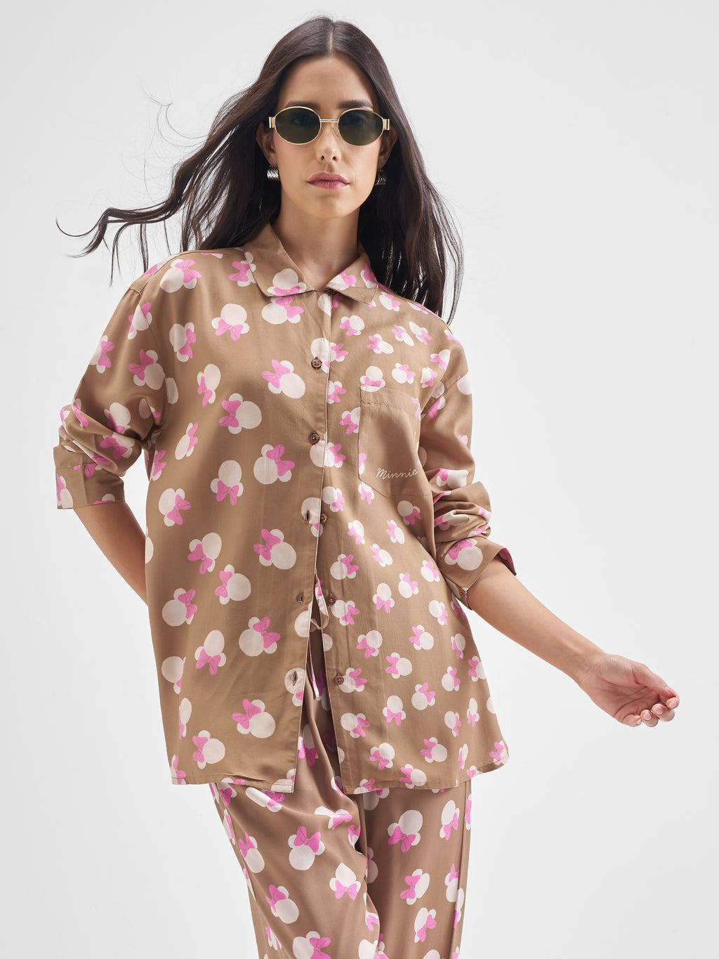 Disney By Tokyo Talkies Women Brown Minnie Mouse Shirt With Trouser Co-Ords - Brown - Image 1