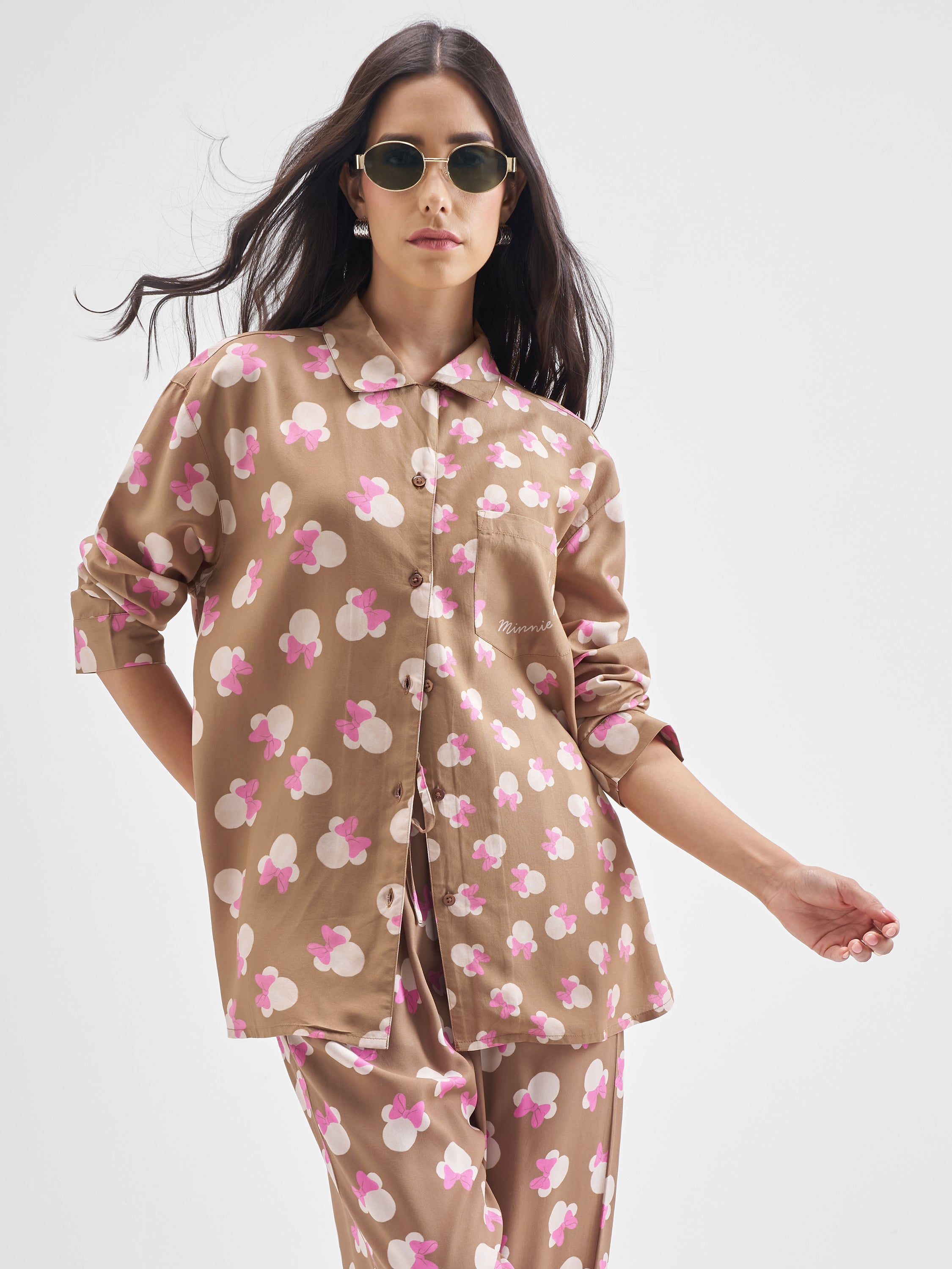 Disney By Tokyo Talkies Women Brown Minnie Mouse Shirt With Trouser Co-Ords - Brown - Image 1