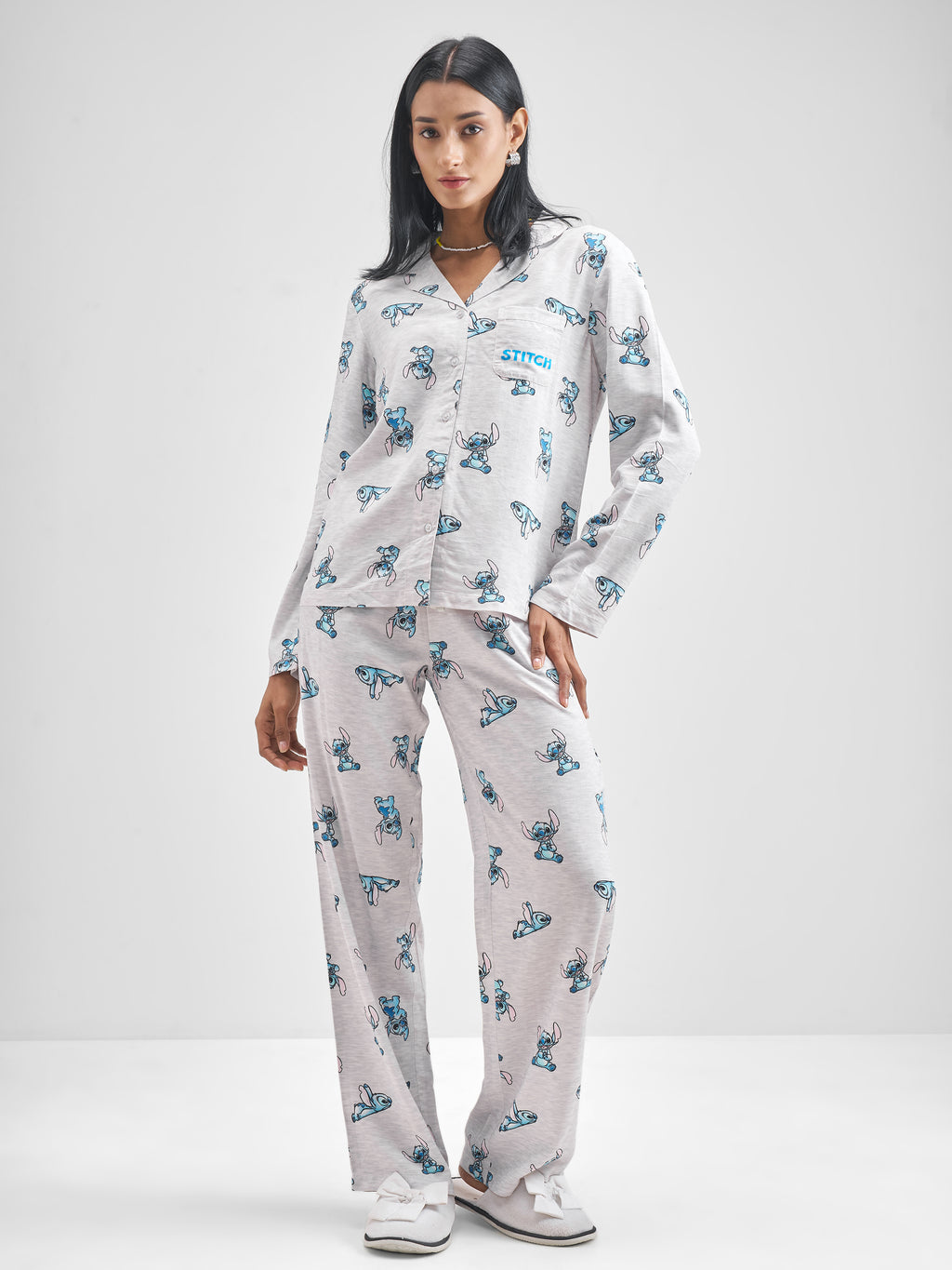 Disney By Tokyo Talkies Women Grey Stitch Shirt With Trouser Co-Ords - Grey - Image 1