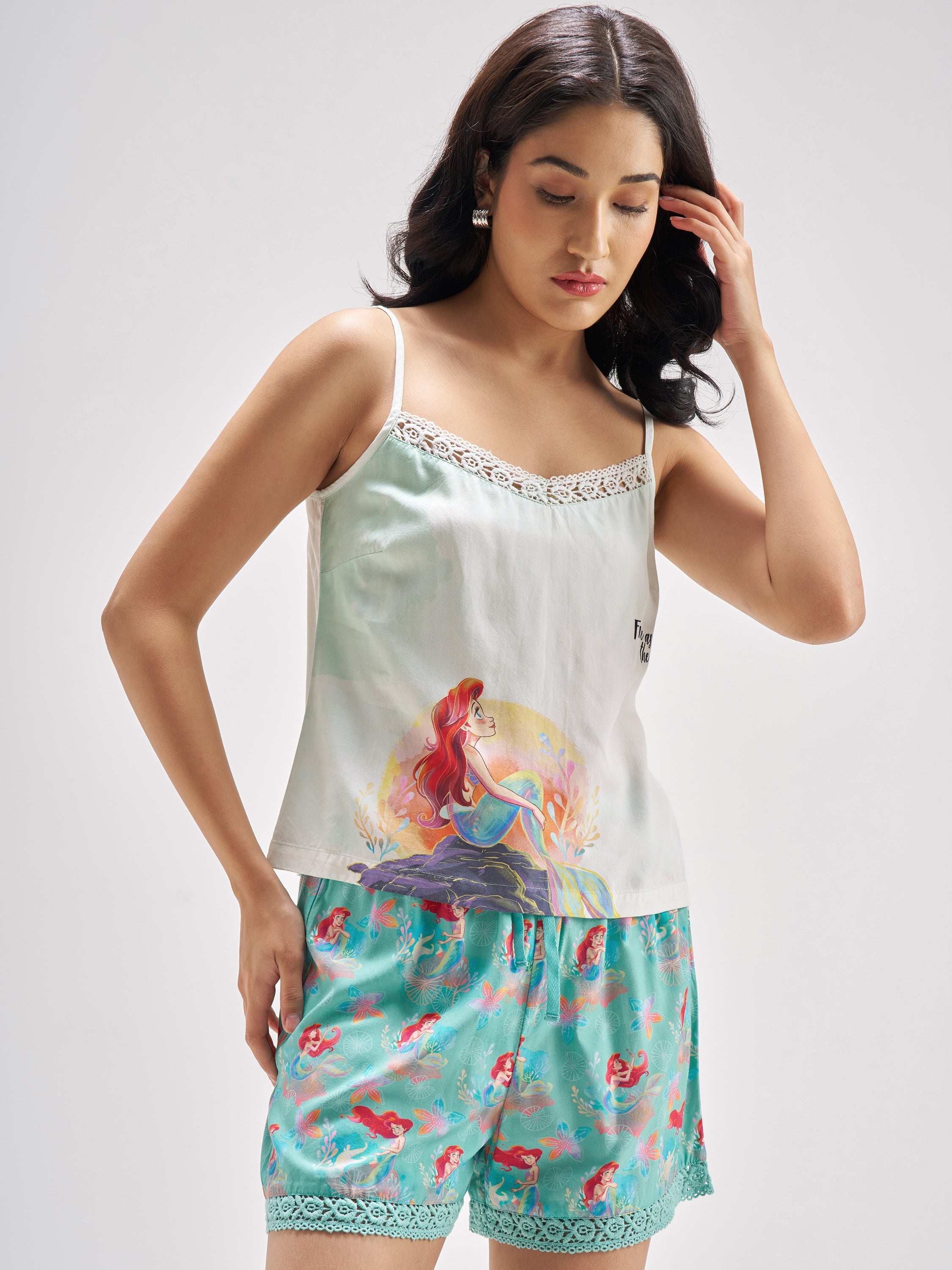 Disney By Tokyo Talkies Women Turquoise Little Mermaid Top With Shorts Co-Ords - Turquoise - Image 1