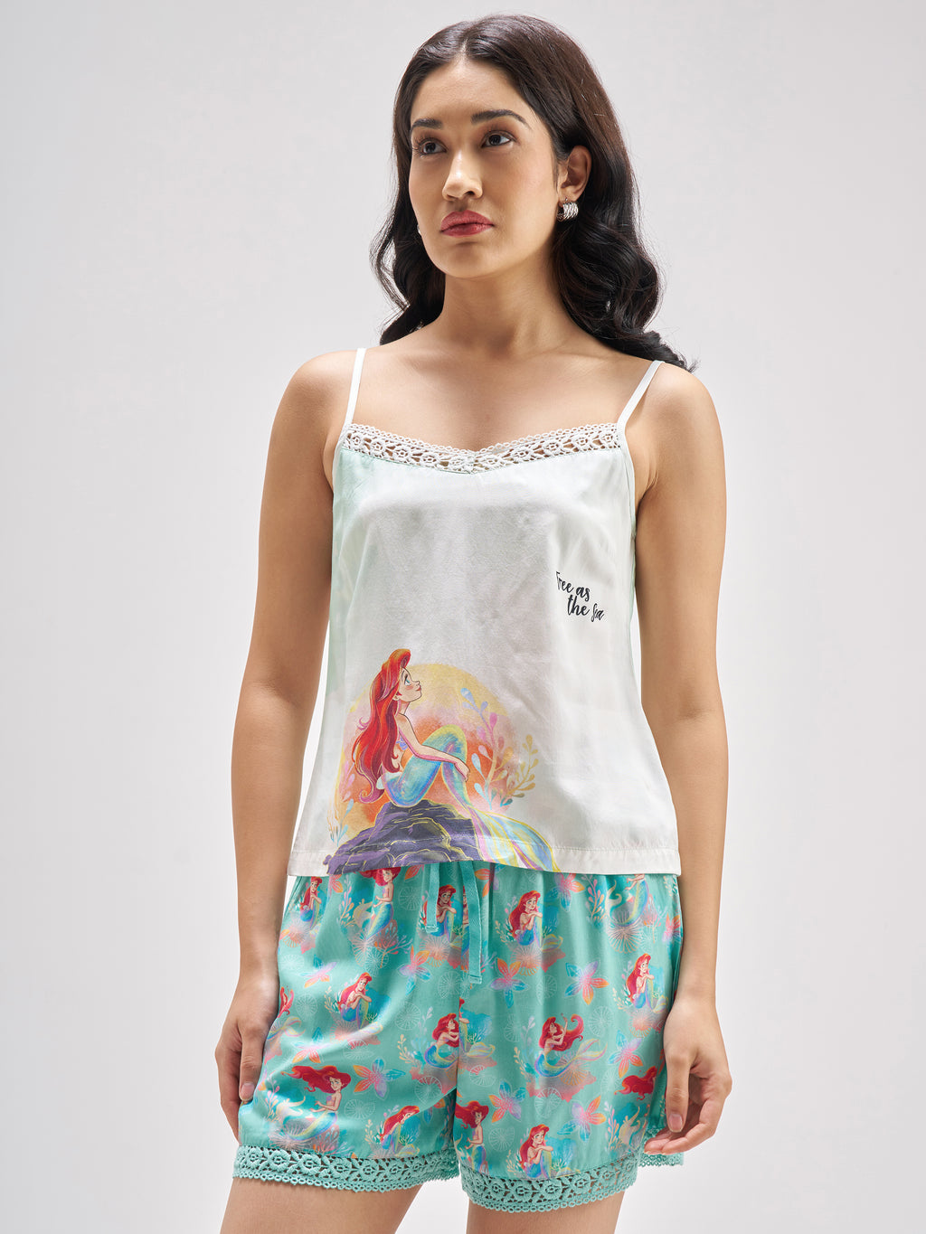 Disney By Tokyo Talkies Women Turquoise Little Mermaid Top With Shorts Co-Ords - Turquoise - Image 4