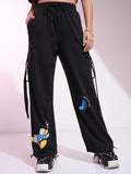 Disney By Tokyo Talkies Women Black Donald Duck Printed Straight Fit Cargos - Black - Image 1