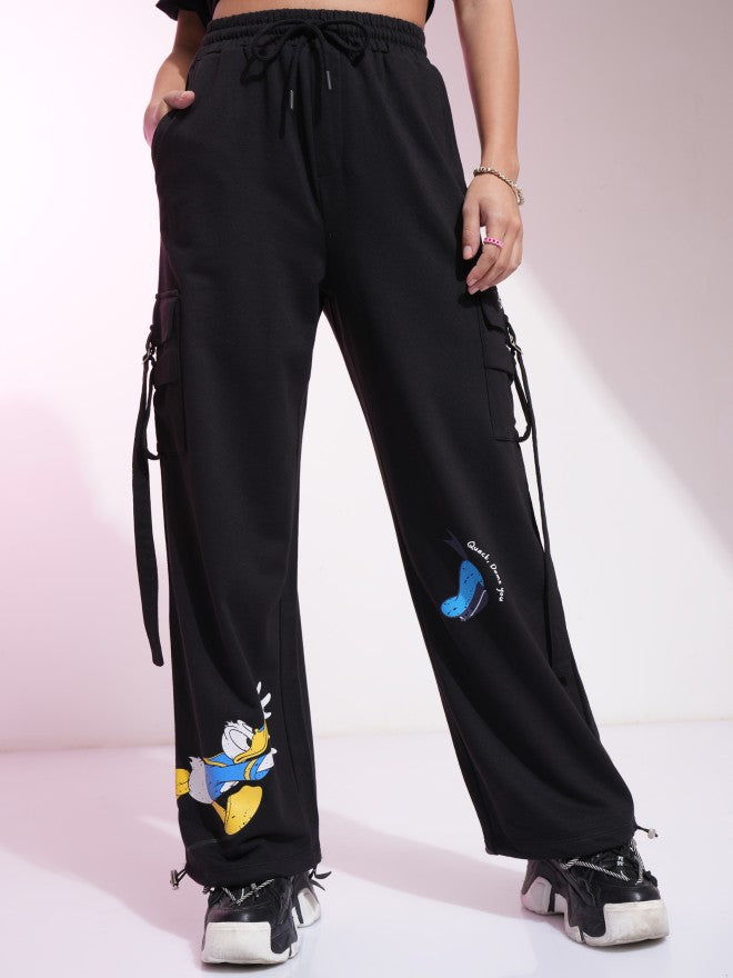 Disney By Tokyo Talkies Women Black Donald Duck Printed Straight Fit Cargos - Black - Image 1