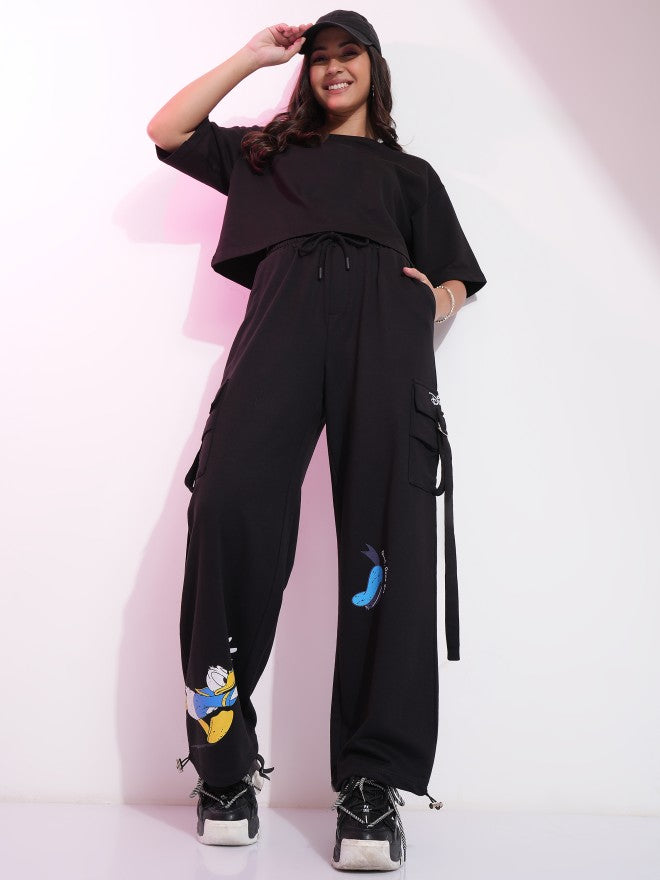 Disney By Tokyo Talkies Women Black Donald Duck Printed Straight Fit Cargos - Black - Image 2