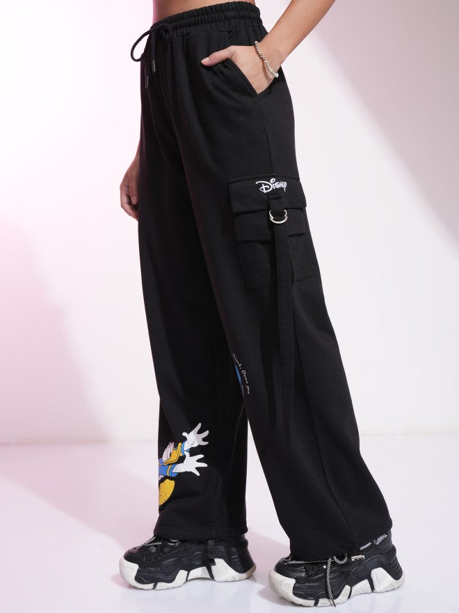 Disney By Tokyo Talkies Women Black Donald Duck Printed Straight Fit Cargos - Black - Image 4