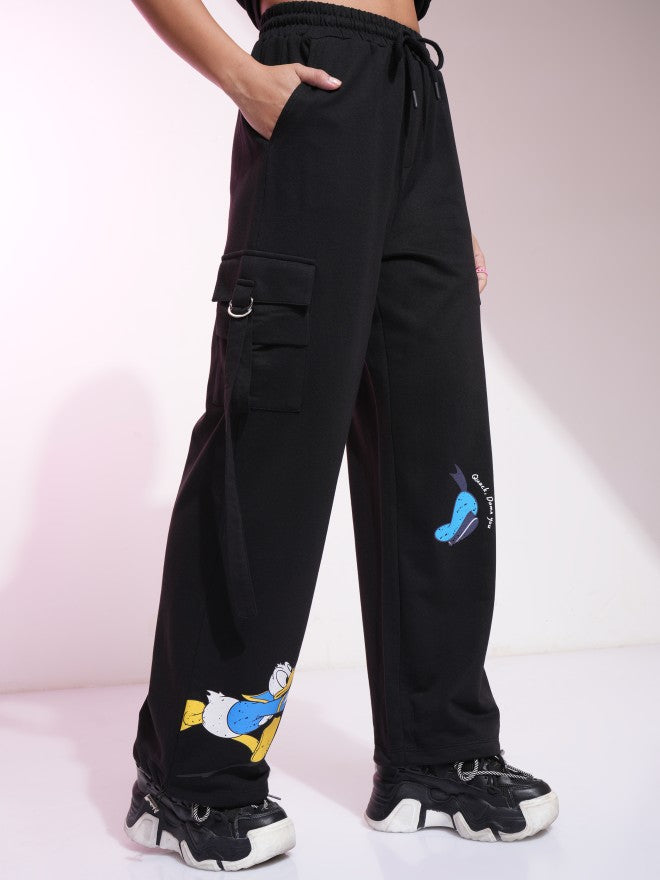 Disney By Tokyo Talkies Women Black Donald Duck Printed Straight Fit Cargos - Black - Image 6