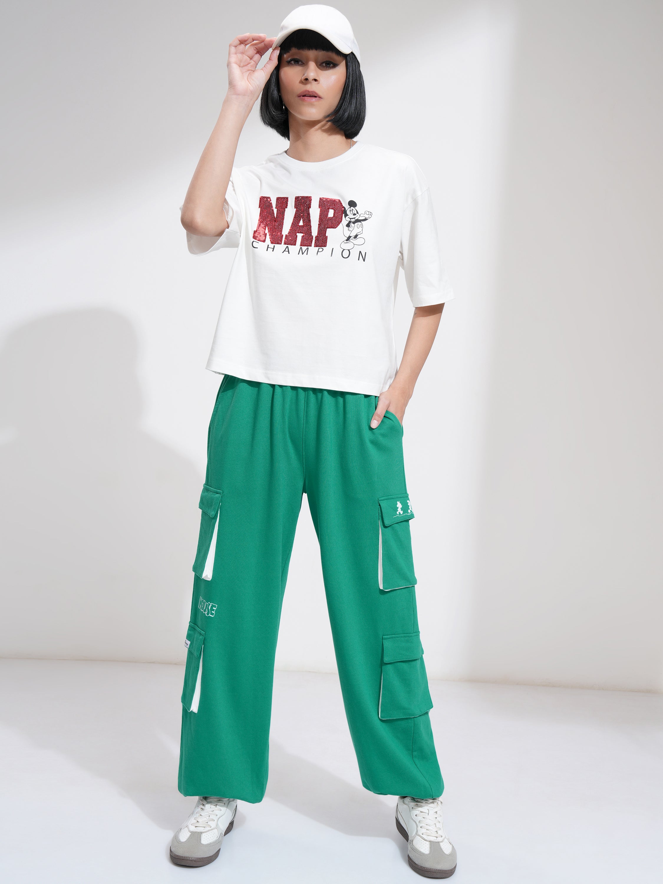 Disney By Tokyo Talkies Women Green Mickey Mouse Printed Regular Fit Cargos - Green - Image 2