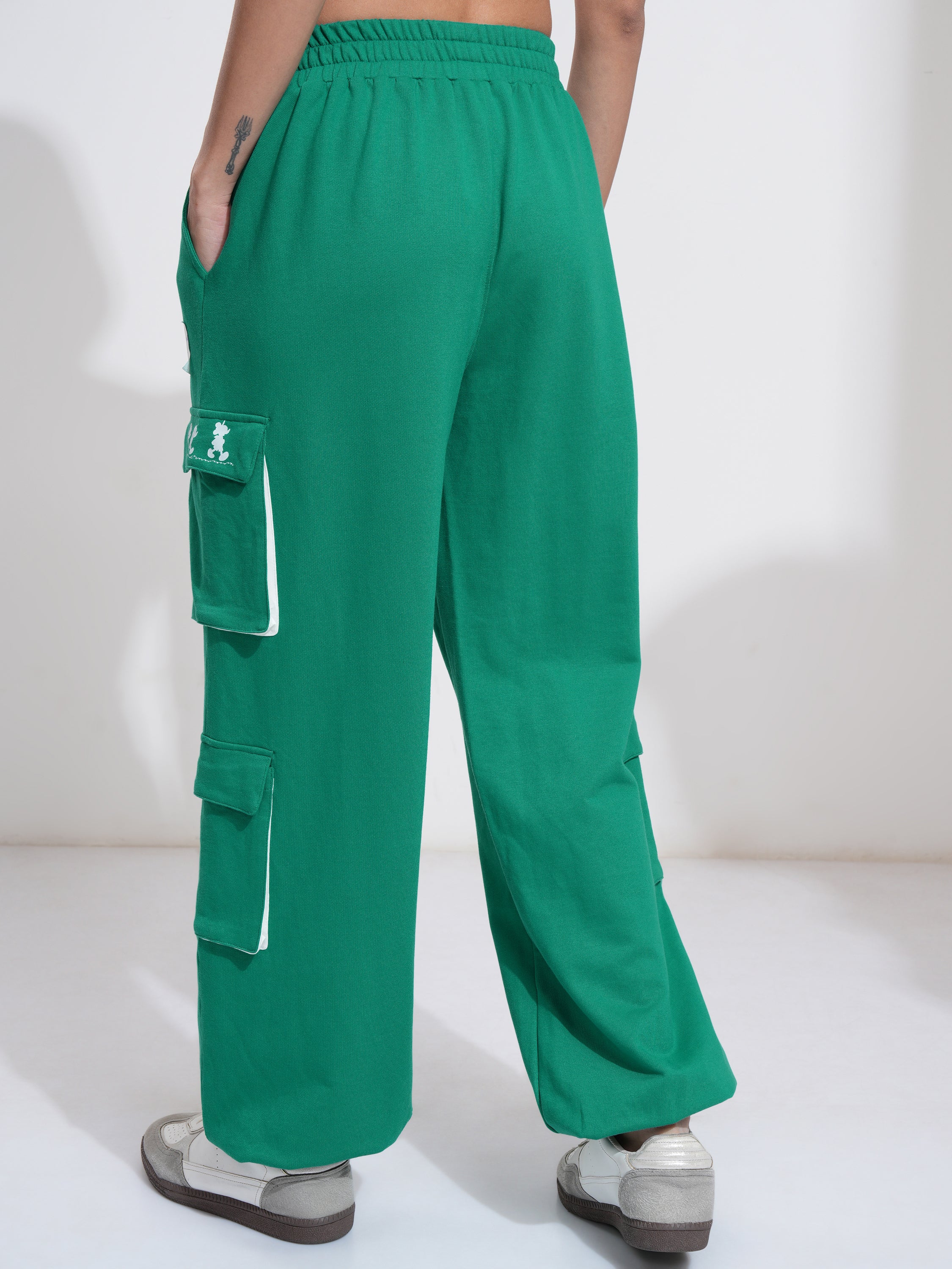 Disney By Tokyo Talkies Women Green Mickey Mouse Printed Regular Fit Cargos - Green - Image 3