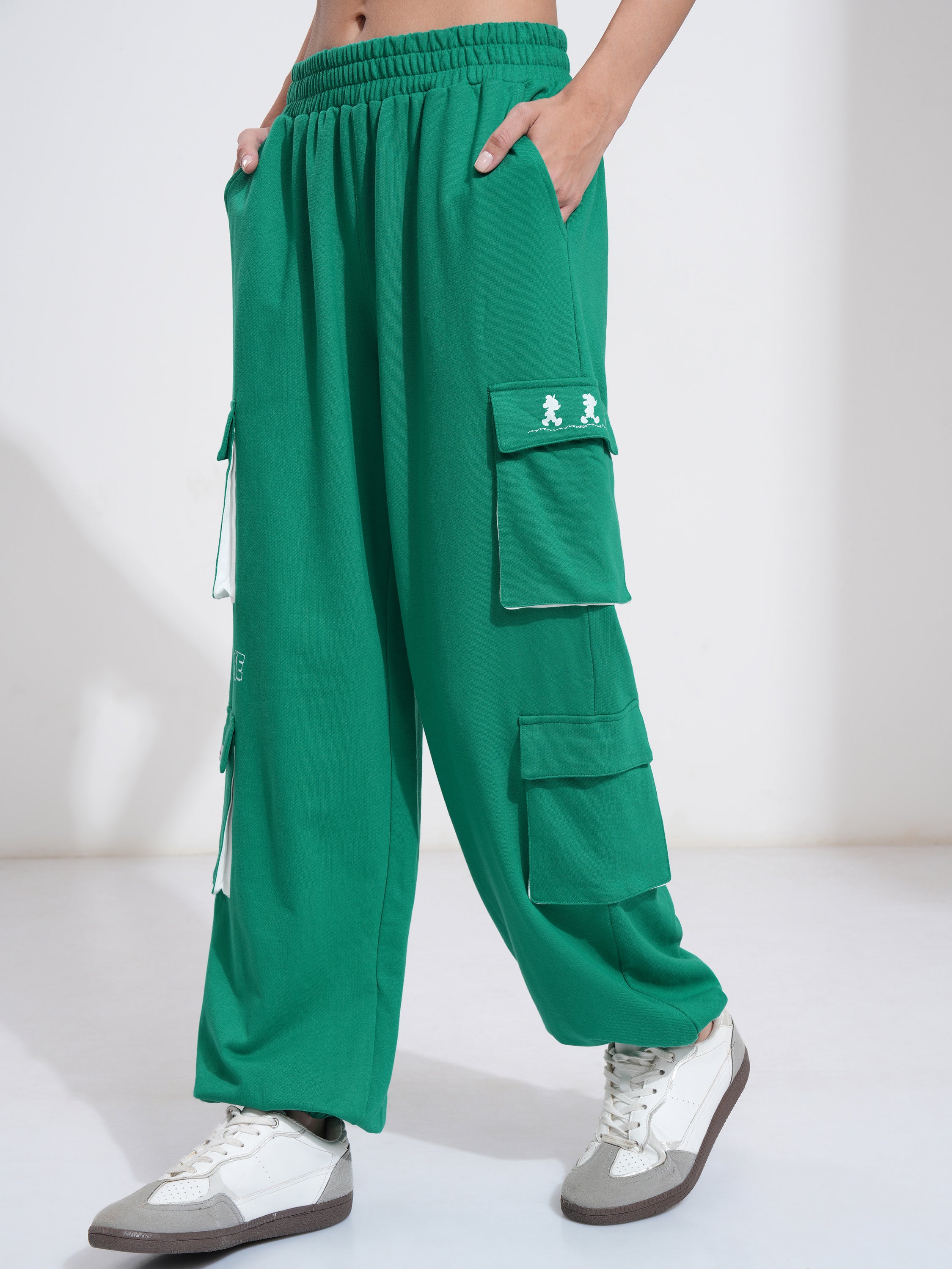 Disney By Tokyo Talkies Women Green Mickey Mouse Printed Regular Fit Cargos - Green - Image 4