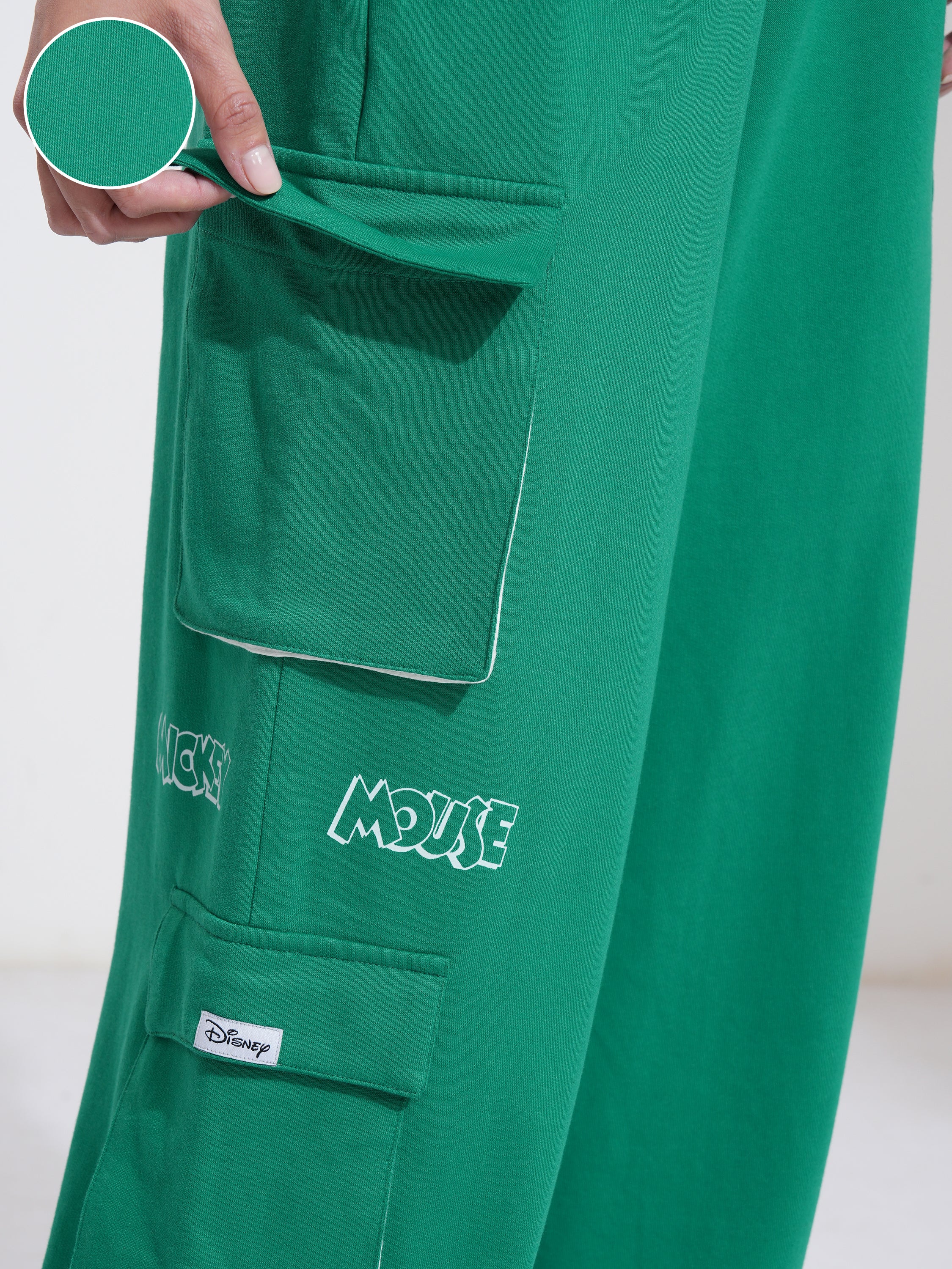 Disney By Tokyo Talkies Women Green Mickey Mouse Printed Regular Fit Cargos - Green - Image 5