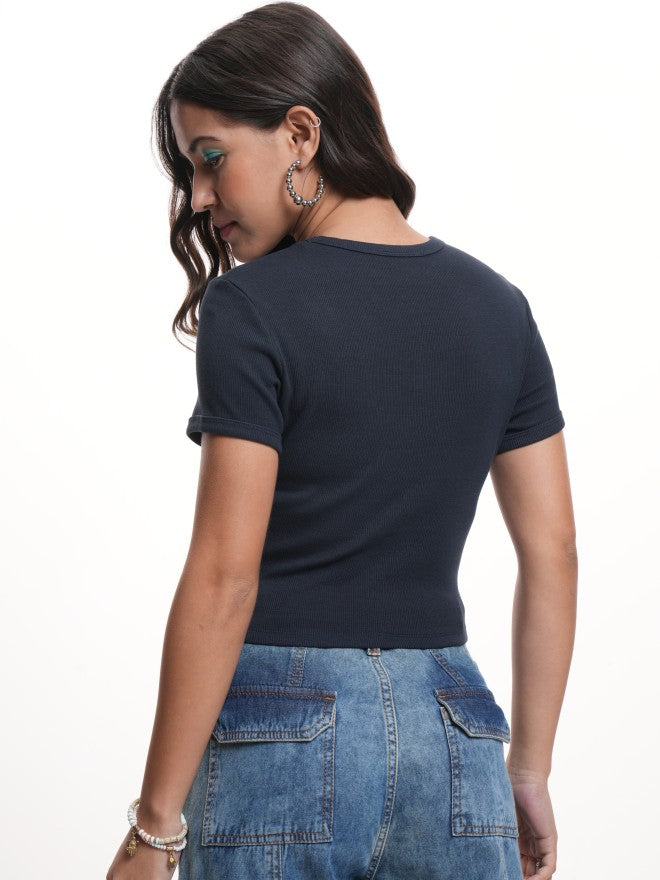 Disney By Tokyo Talkies Women Navy Blue Mickey Mouse Printed Round Neck T-Shirt - Navy Blue - Image 3
