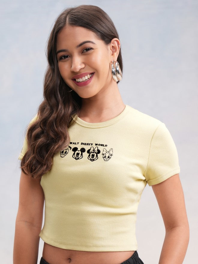 Disney By Tokyo Talkies Women Beige Mickey Mouse Embroidered Round Neck T-Shirt - Beige - Image 4