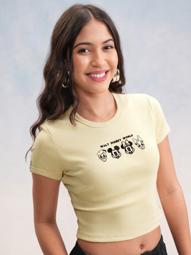 Disney By Tokyo Talkies Women Beige Mickey Mouse Embroidered Round Neck T-Shirt - Beige - Image 6
