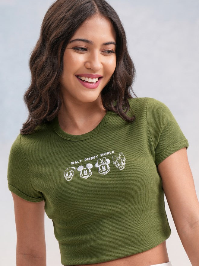 Disney By Tokyo Talkies Women Olive Mickey Mouse Embroidered Round Neck T-Shirt - Olive - Image 1