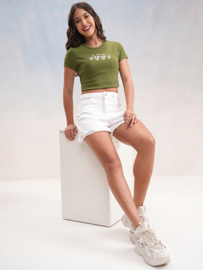 Disney By Tokyo Talkies Women Olive Mickey Mouse Embroidered Round Neck T-Shirt - Olive - Image 2
